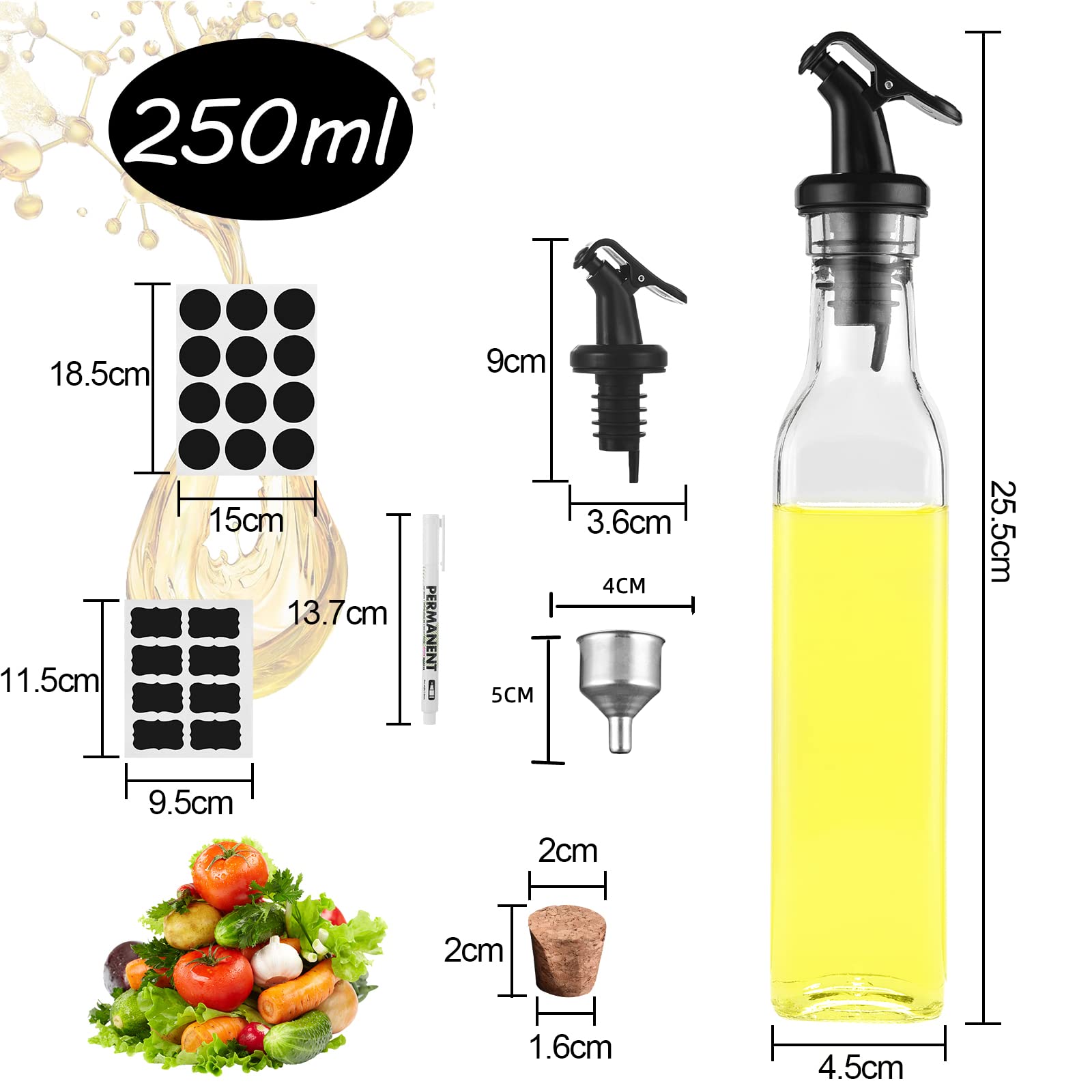Oliera da Tavola 6 * 250ml, Bottiglia per Olio In Vetro Spesso Senza Piombo, Ampolla Olio Vetro per Cucina e BBQ, Ugello Dell'olio e Tappo in Sughero con Una Buona Tenuta All'aria