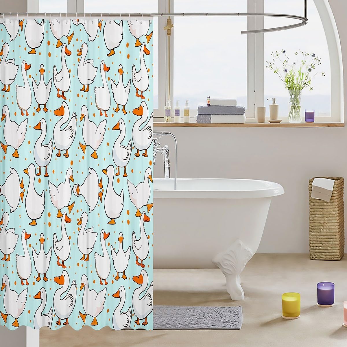 Homewish Cartoon Goose Bath Curtain,Lovely Duck Funny Sketch Blue Shower Curtain for Stalls,Cute Farmhouse Livestock Animal Waterproof Fabric Curtains with 12 Hooks, 72Wx78L inch