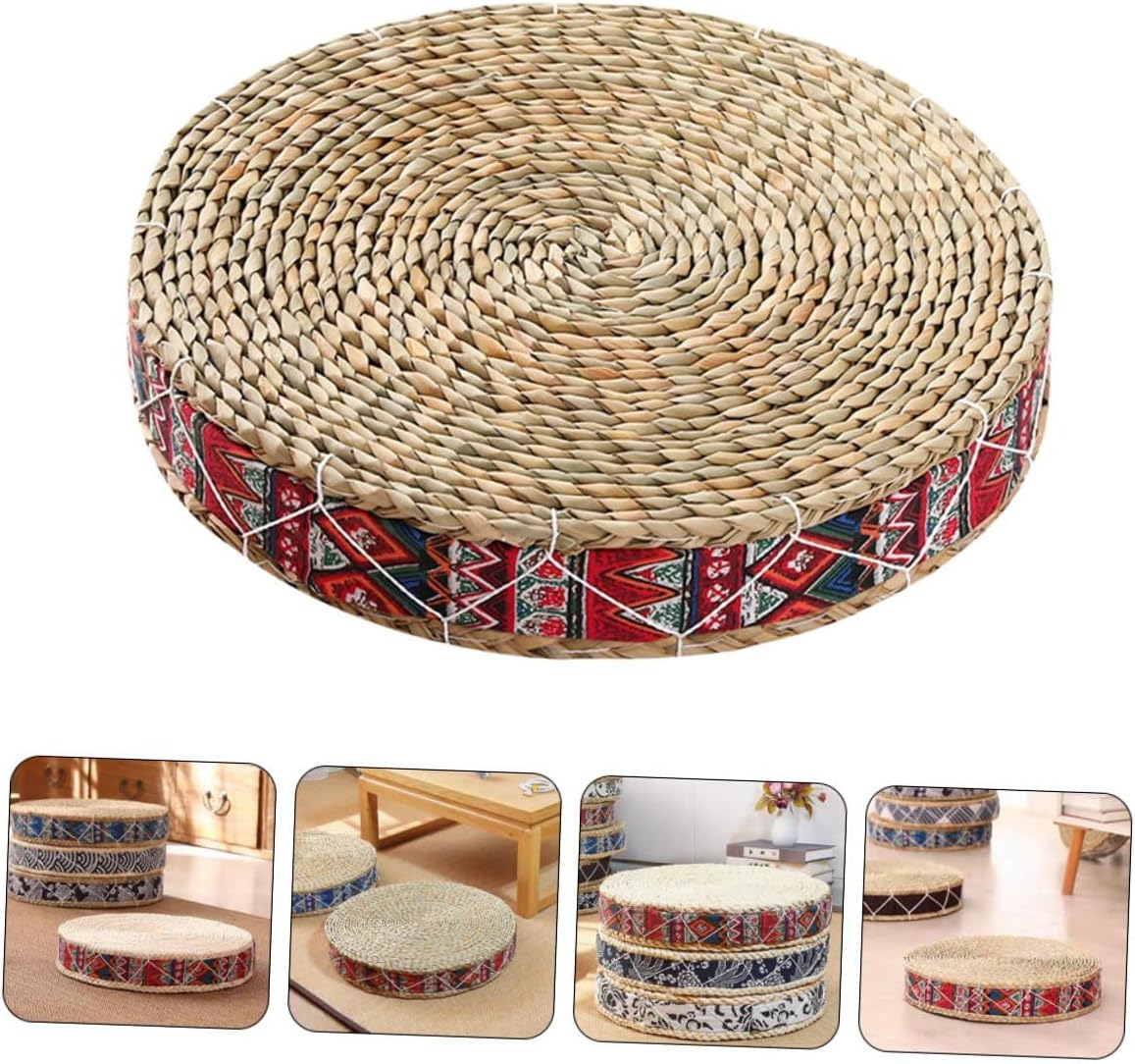 Milisten Straw Woven Floor Pillow Meditation Seat Cushion Japanese Style Tatami Cushion 30cm Diameter X 7cm Height Bohemian Red Indoor Sitting Mat for Yoga and Home Use