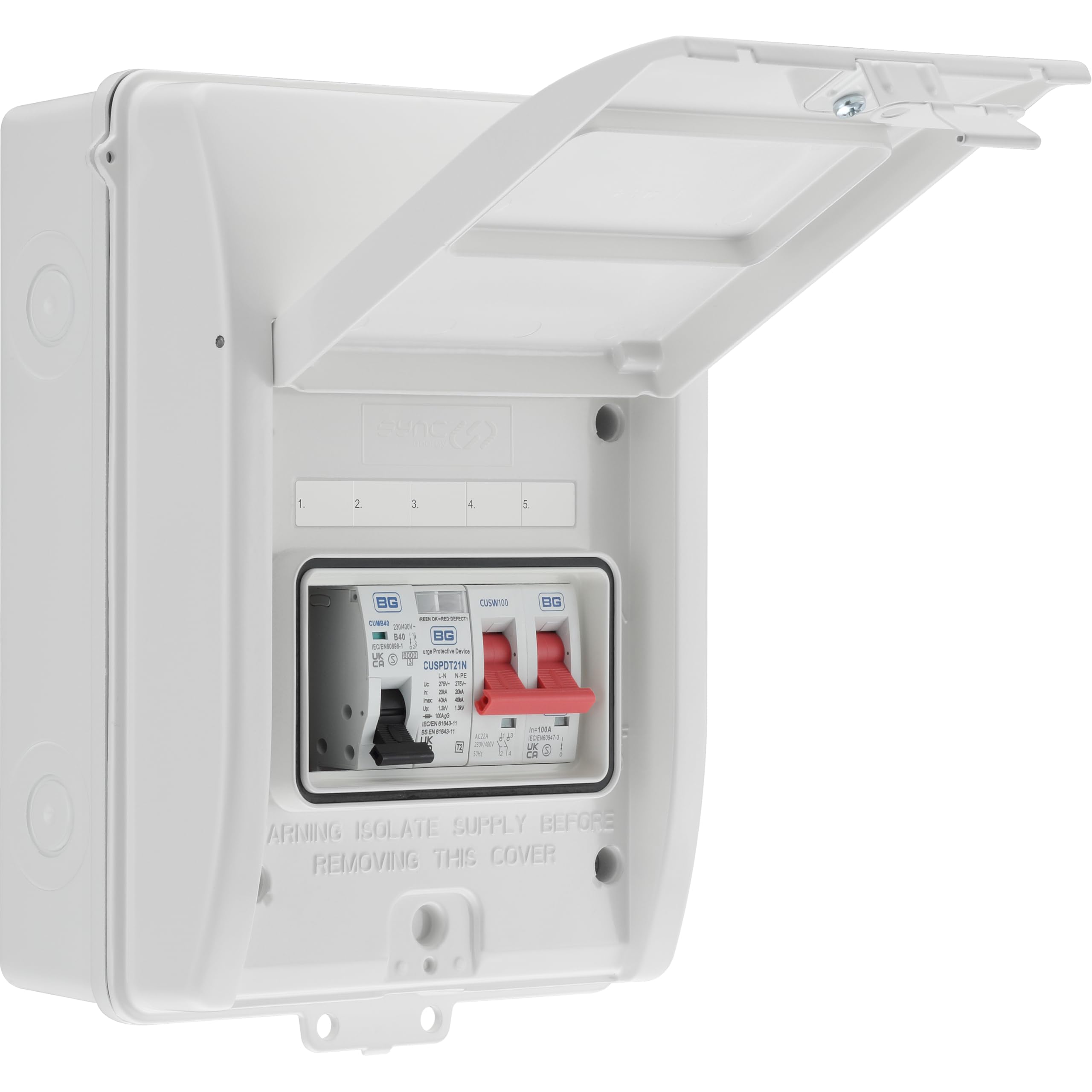 Alimentatore EV con MCB 40A, SPD tipo 2 e interruttore principale 100A, kit di recinzione per veicoli elettrici, resistente alle intemperie, 5 moduli, popolato, BG Sync EV, bianco, IP65