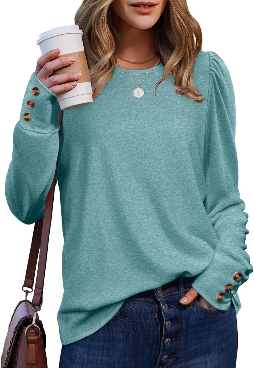 OFEEFAN Long Sleeve Shirts for Women Blouses Dressy Casual Puff Sleeve Fashion Clothing Tops with Buttons