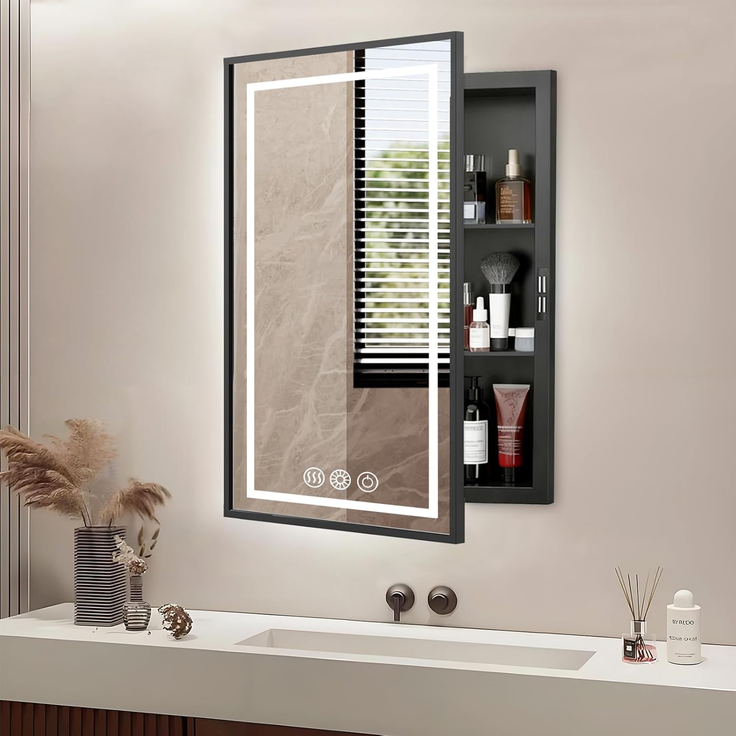 LED Medicine Cabinet Mirror for Bathroom 16x24 Inch, Recessed Medicine Cabinets with Lights, Black Anti-Fog Bathroom Mirror with Storage, Removable 2 Shelves, Adjustable 3 Colors