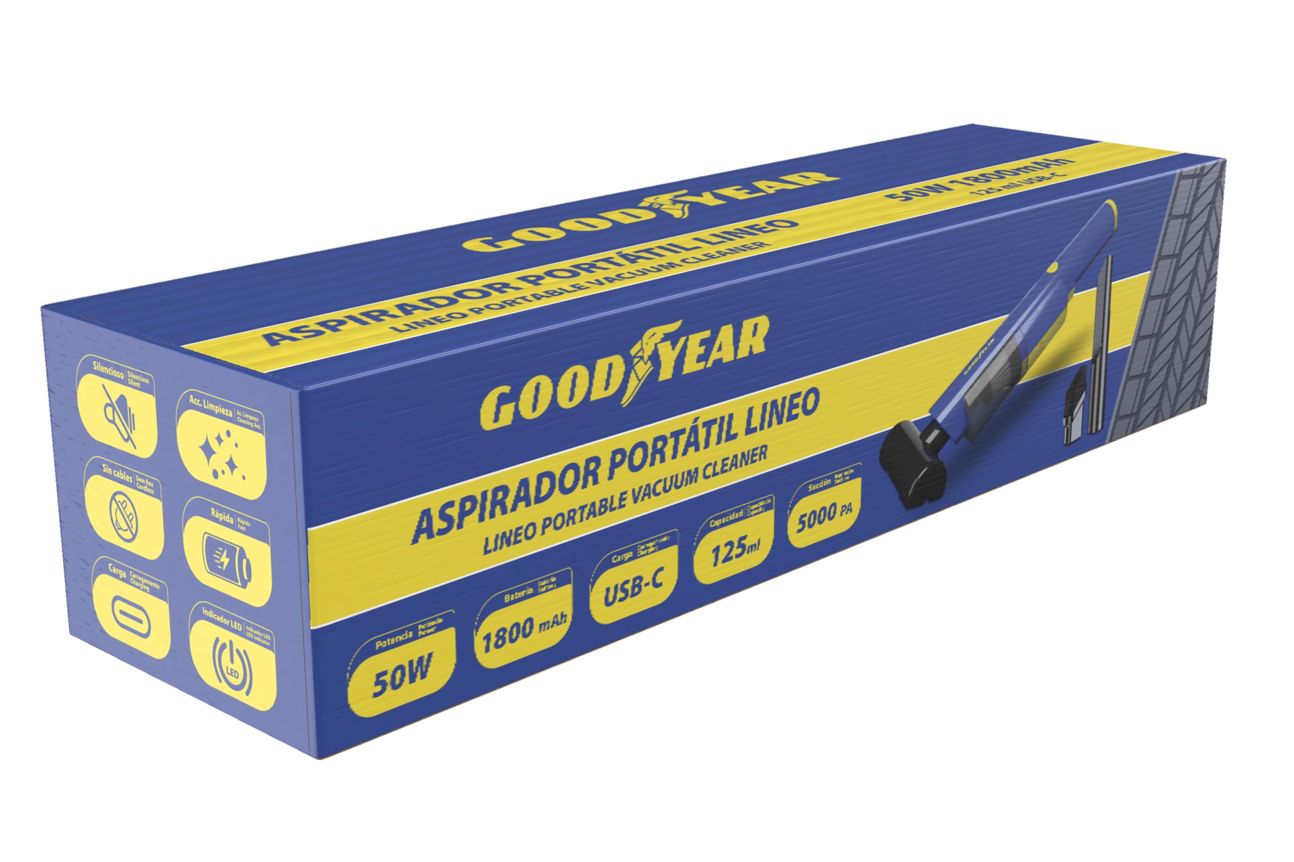 Goodyear Lineo Aspirador Portátil sin Cable para Coche, Hogar u Oficina. Motor 50W con Succión de 5.000Pa, Batería 1800mAh, Carga USB-C. Depósito 125 ml, Diseño Compacto y Silencioso