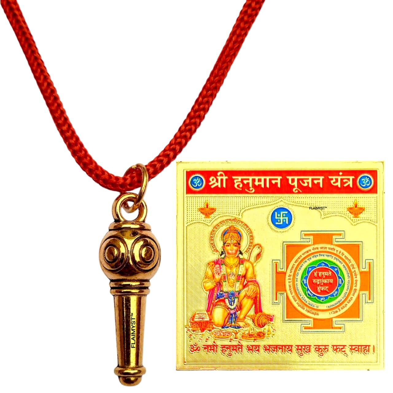 flaimyst Hanuman Gada Locket | Bajrangbali Gada Locket for Man Pure Brass Gold Plated with Red Thread for Neck-picture-39