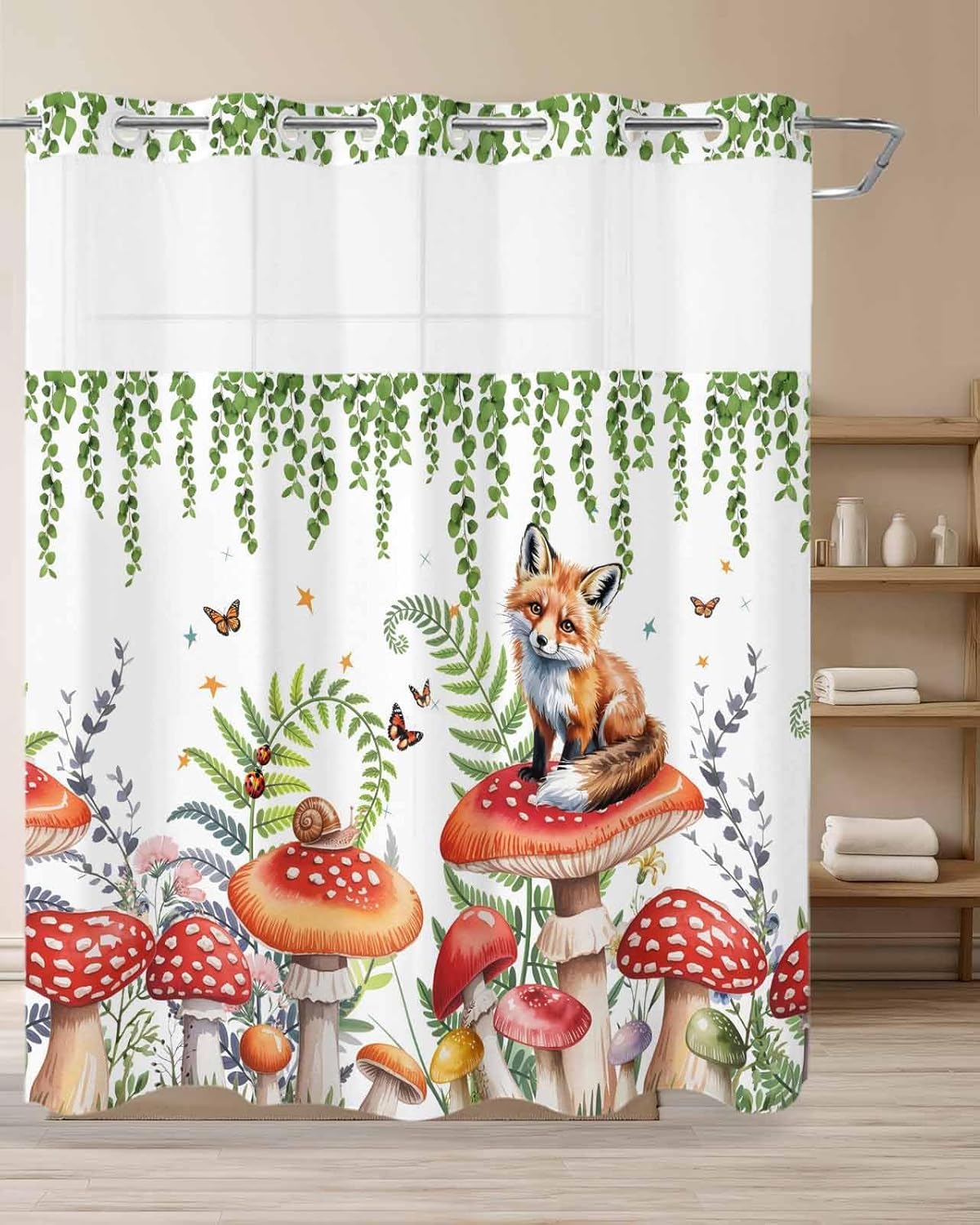 Bohemia No Hook Shower Curtain with Snap in Liner, Cute Fox Mushroom Butterfly Eucalyptus Leaf Bathroom Decor Waterproof Botanical Bath Curtain with See Through Mesh Top Window 72" x 72"