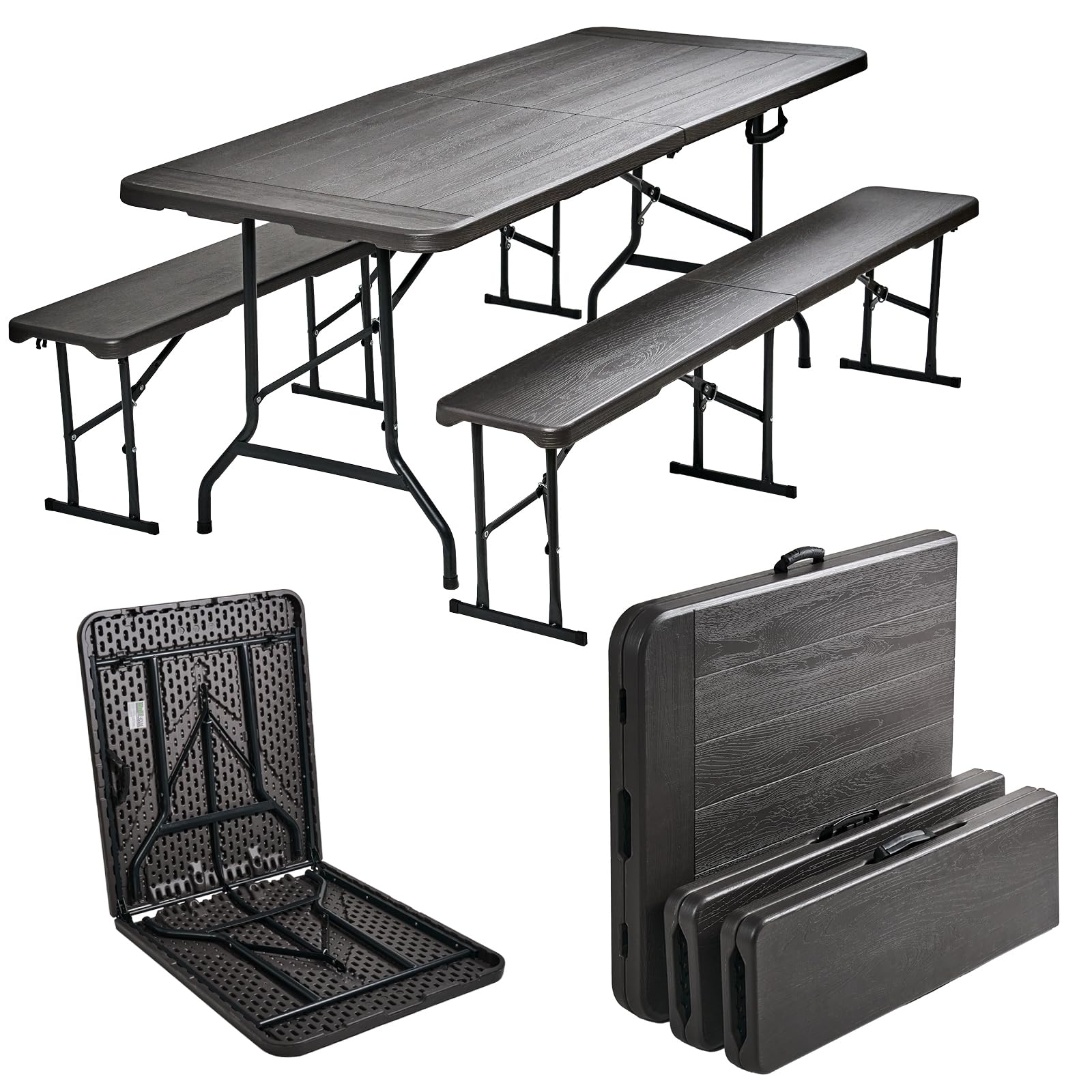 TRUTZHOLM Bierzeltgarnitur in Grauer Holzoptik Festzeltgarnitur 180x75cm klappbar Gartenmöbelset 2 Bierbänke 1 Tisch Campingbedarf Gartenparty Balkon Garnitur