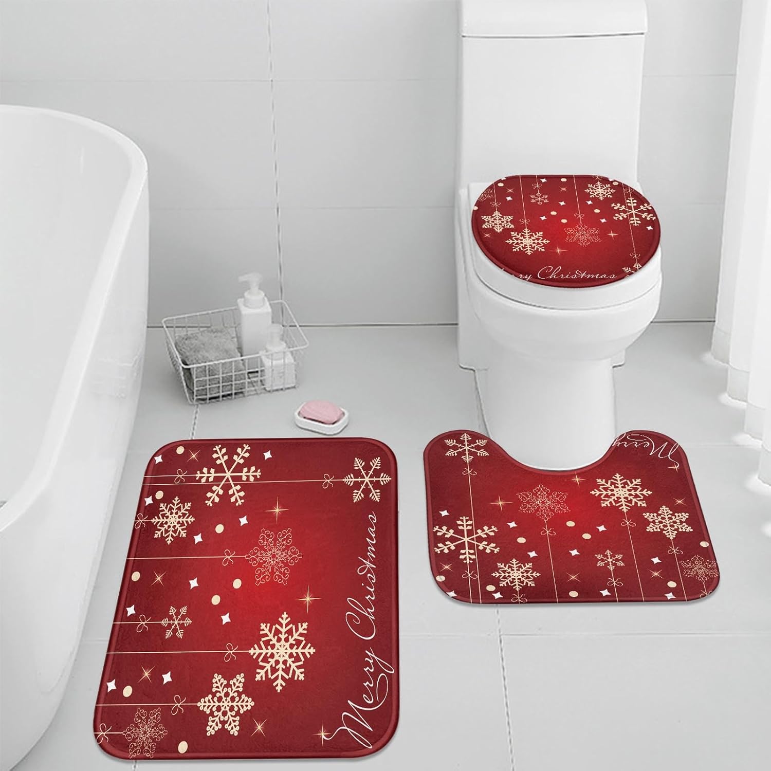 Arttown Christmas Bathroom Rug Set of 3, Red Snowflakes 3 Pieces Bath Mats Set for