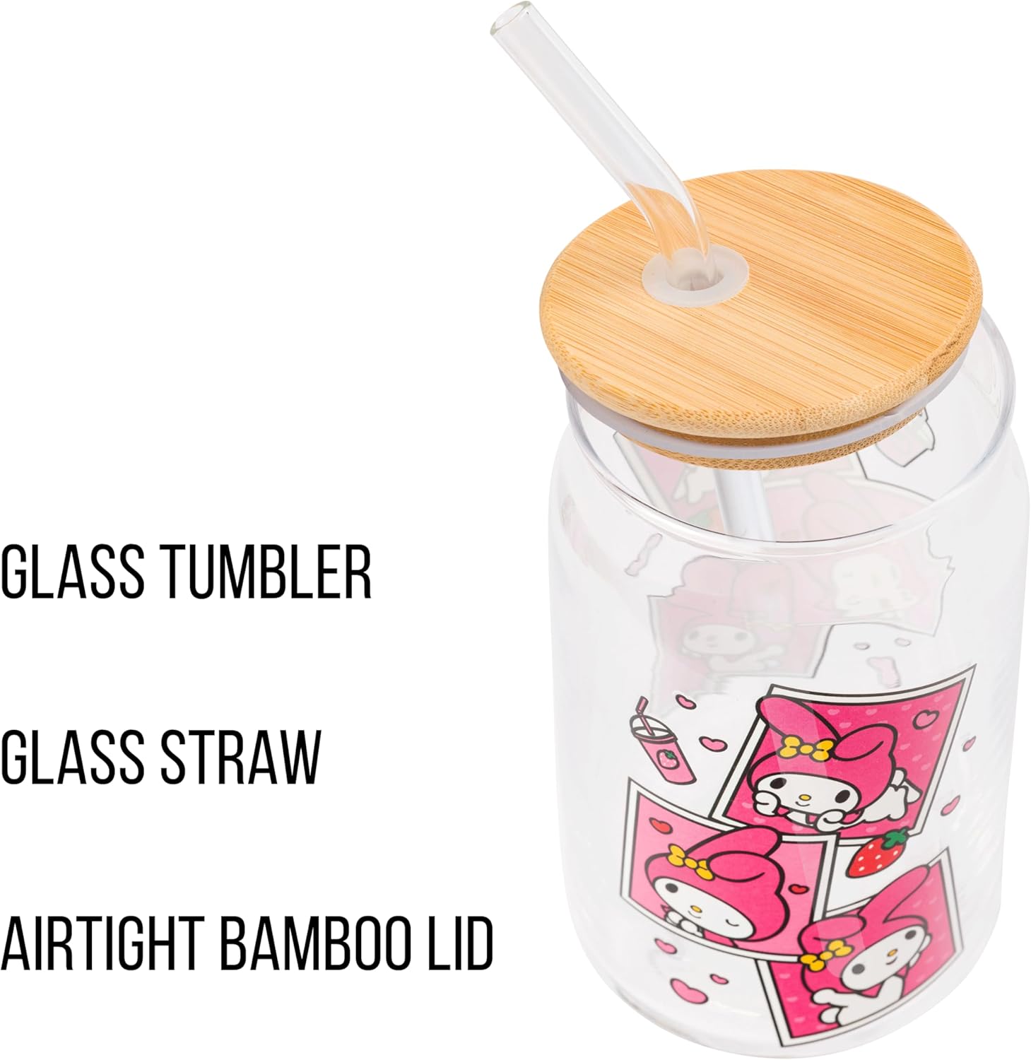 Silver Buffalo Sanrio Hello Kitty and Friends My Melody Polaroids Glass Jar Tumbler with Bamboo Lid and Glass Straw, 16 Ounces - Image 4