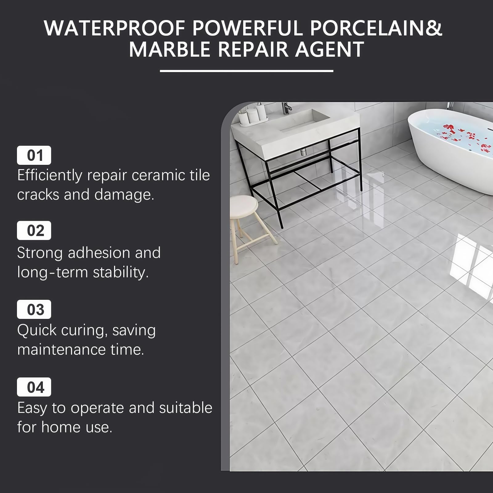 Ceramic Tile Repair Kit,Ceramic Tile Small Hole Repair,Waterproof Bath Enamel Repair Kit for Porcelain Fiberglass Ceramic Acrylic,Crack Hole Scratches Repair Paste,Tile Repair,Enamel Bath Chip Repair - Image 3