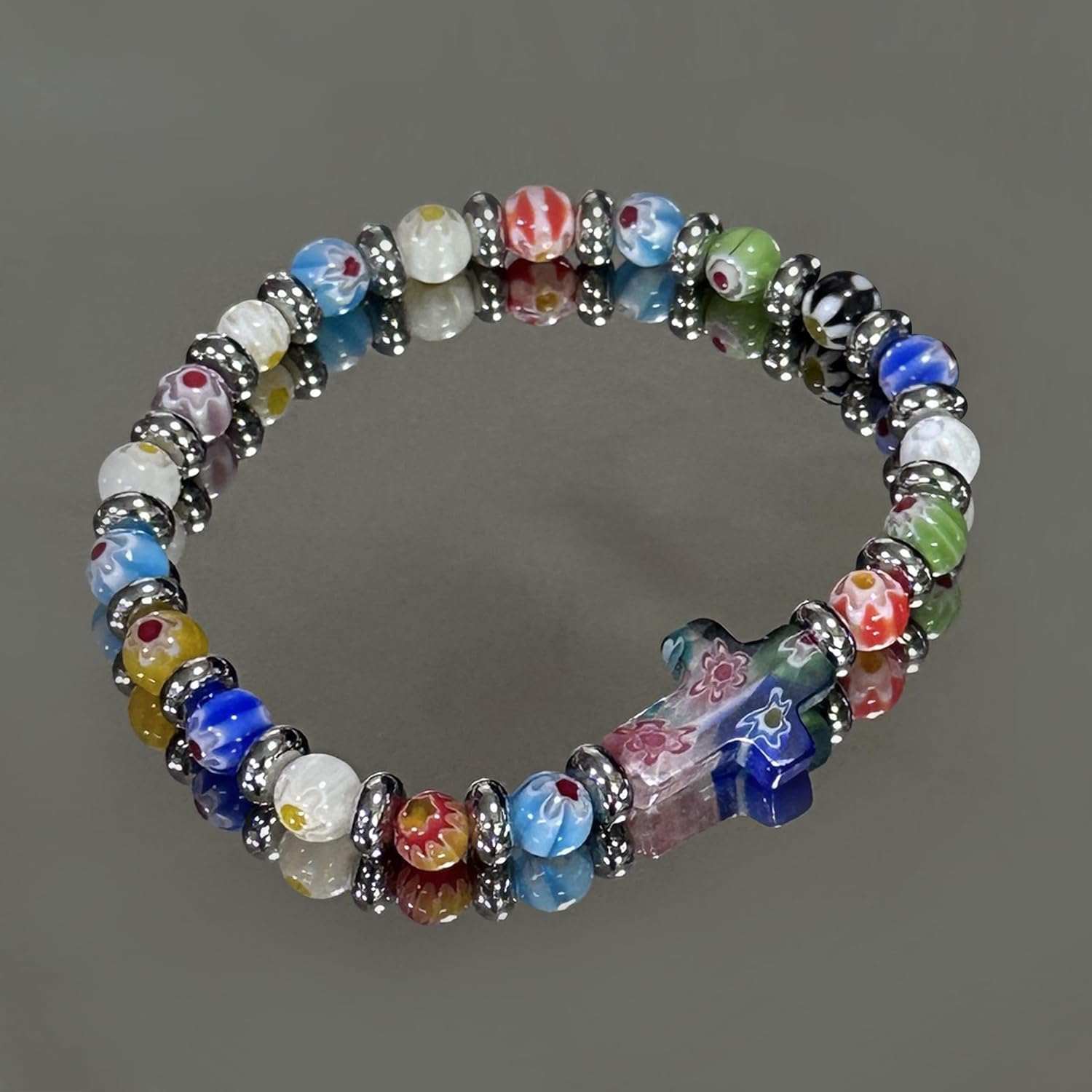 Nazareth Store Millefiori Glass Bracelet with Cross Murano Glass Rainbow Beaded Bracelet Spiritual Handmade Religious Gift