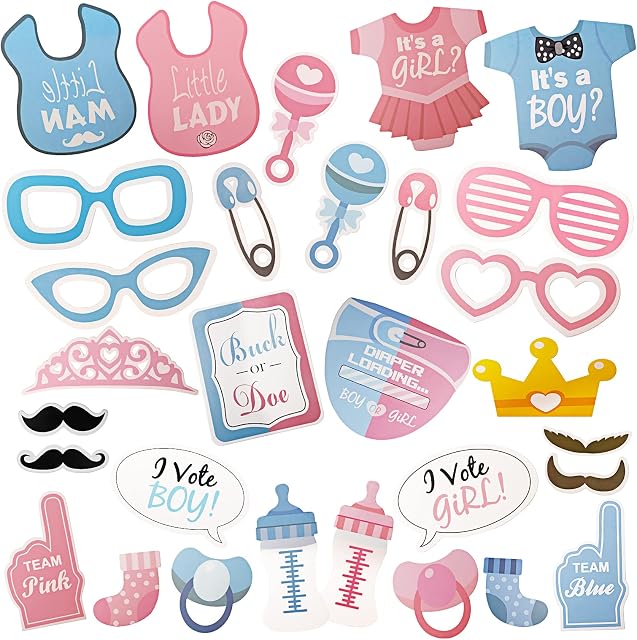 Baby Shower Photo Booth Props, 30pcs Boys and Girls Gender Reveal Photo Props, Newborn Baby Shower Decorations Party Supplies, Handheld Selfie Photo Props Set, Multicolor, (YUN-522)