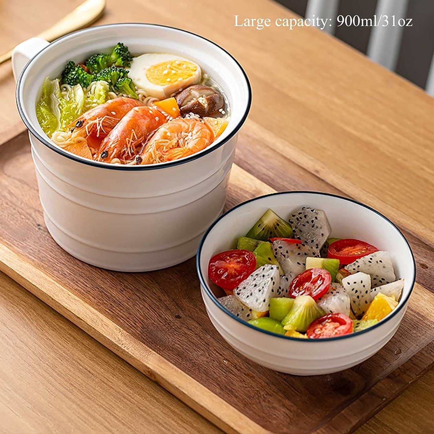 Instant-Nudelsuppenschüssel, Reisbehälterschüssel. Keramiktasse, große Instant-Ramen-Schalen mit Deckel, 900 ml tief, mit Griff, Lunchbox-Geschirr für Studentenwohnheime (Größe: Schüssel-Set)