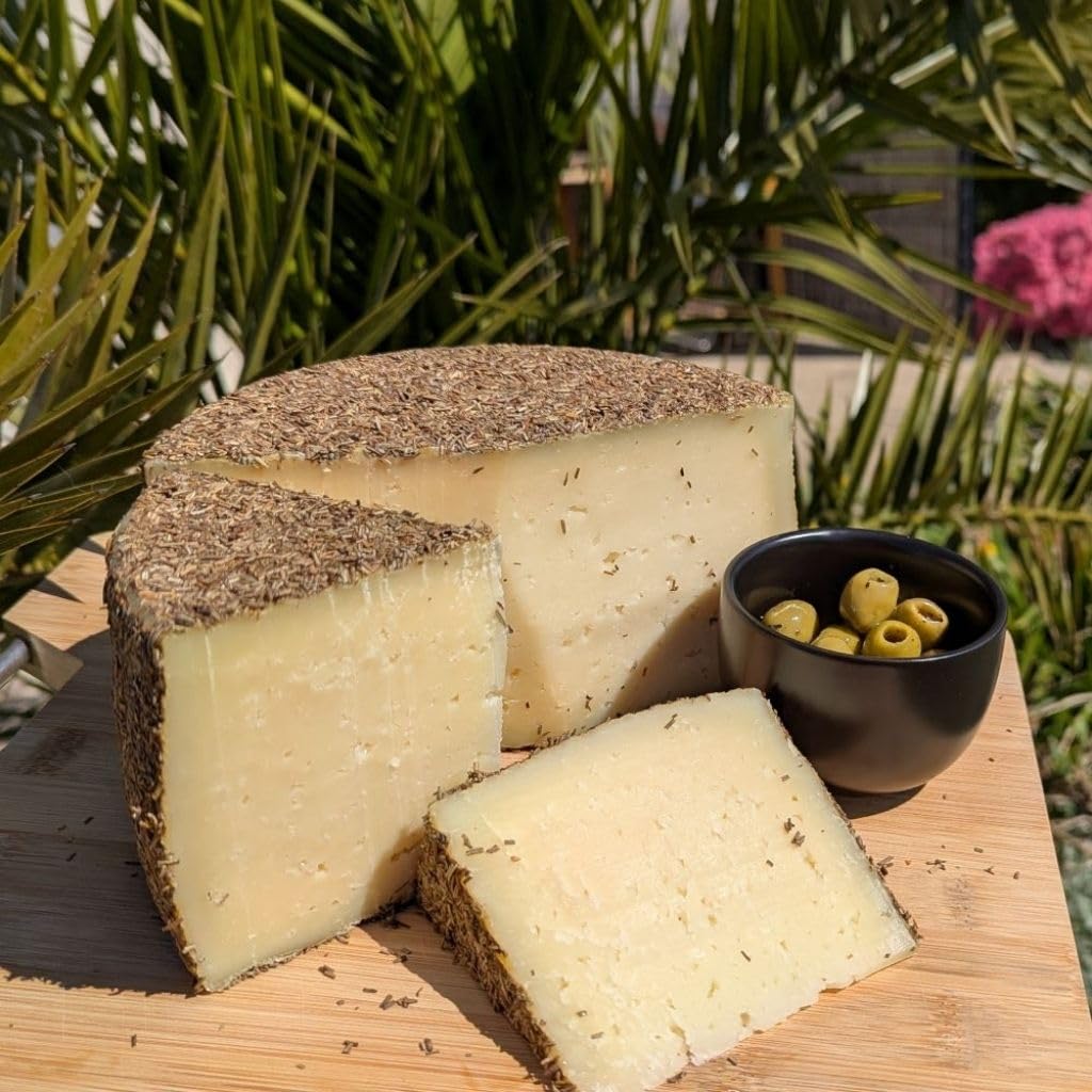 Manchego au Romarin – Fromage de Brebis Espagnol Artisanal – Demi-Meule de 1,5 kg environ – Pâte Pressée Recouverte de Romarin Frais – Saveurs Méditerranéennes & Boisées