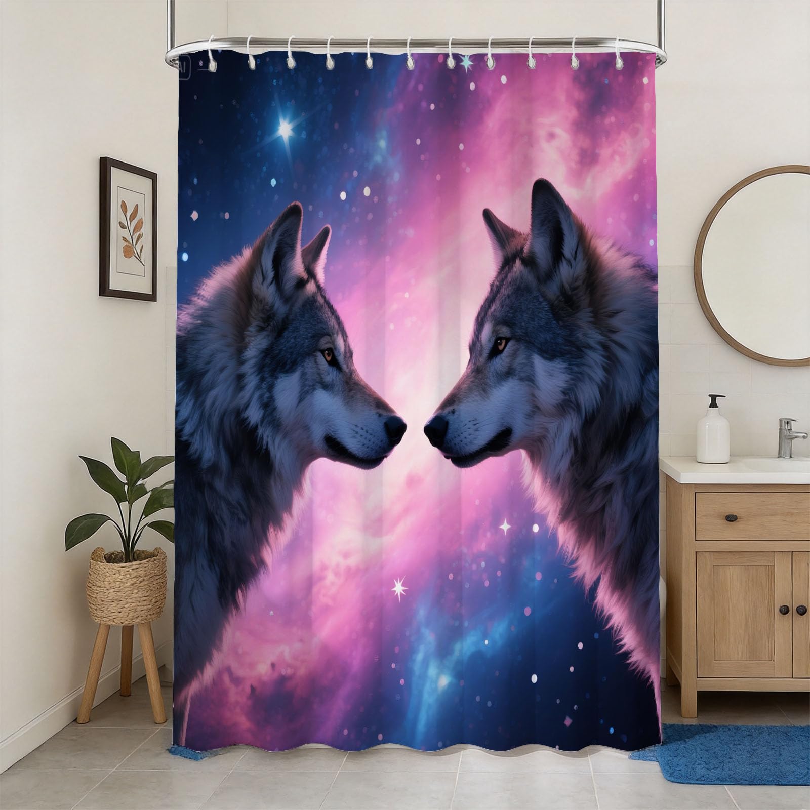 Hongduo 3D Starry Sky Wolf Shower Curtain for Stalls Bathtubs Mysterious Atmosphere Bathroom Decor Shower Curtain Set Polyester Fabric Waterproof 200x200cm/79X79 Inch with Hooks