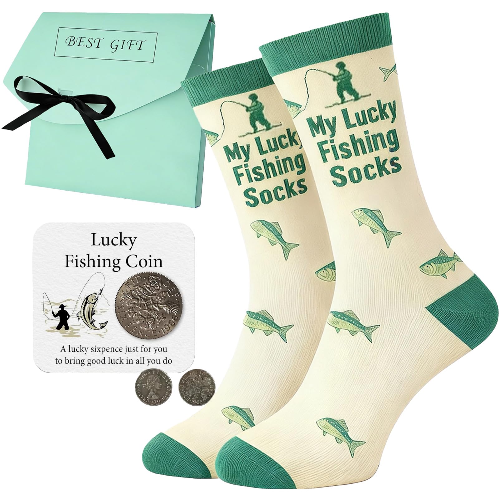 Ysuy Men's Green Complete Fishing Gift Set For - Lucky Sixpence Coin & Card, Novelty Fishing Socks, Premium Gift Box | Unique Birthday Present For Fisher, Father's Day Present For Anglers (Green)