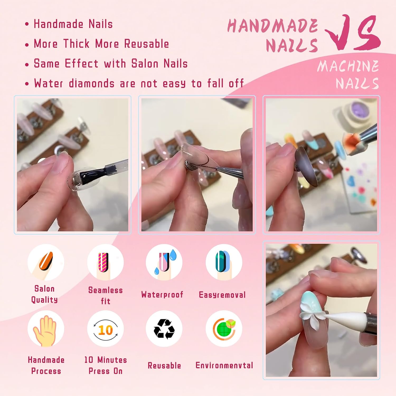 Vibrant 3D Flower Long Press on Nails, 10pcs Full Cover False Nails with Shiny Decorations for Wedding and Holiday
