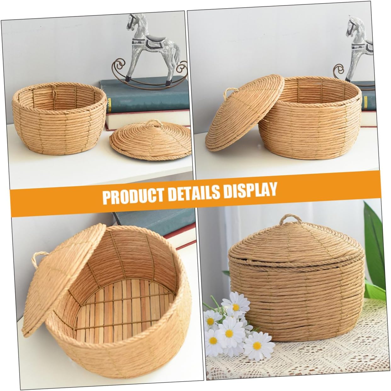 Holibanna Medium Handwoven Rope Storage Basket with Lid round Woven Basket for Table Organization Multipurpose for Bread and Household Storage