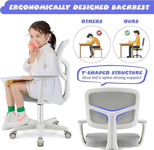 Miniatura 5 de Costzon Silla de escritorio para niños, silla de computadora de estudio para niños con altura ajustable, soporte lumbar, ruedas suaves, asiento de