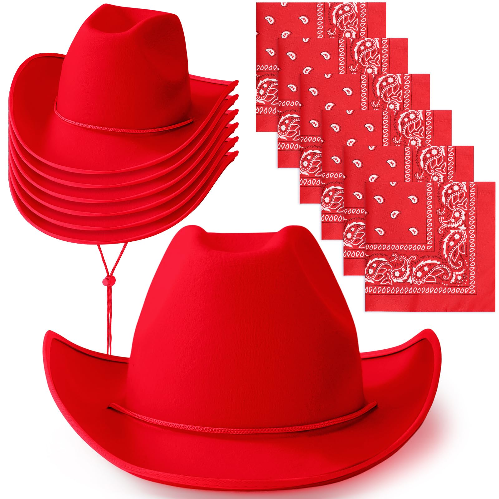 Coume 12 Pcs Cowboy Hats with Bandanas, Bulk Adjustable Felt Western Cowgirl Hats for Women and Men, Western Party Favors, Red, 38 X 34 X 11.5 Cm (14.96 X 13.39 X 4.53 Inches)