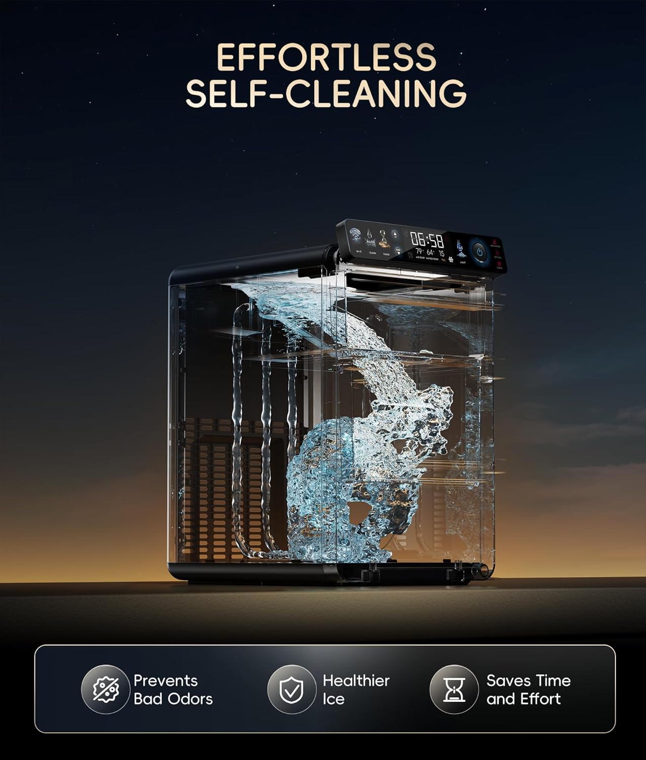 ecozy Nugget Ice Maker Countertop, Smart Pebble Ice Machine with APP Control, 44 lbs Per Day Soft Pellet Chewable Ice with Self-Cleaning, Black