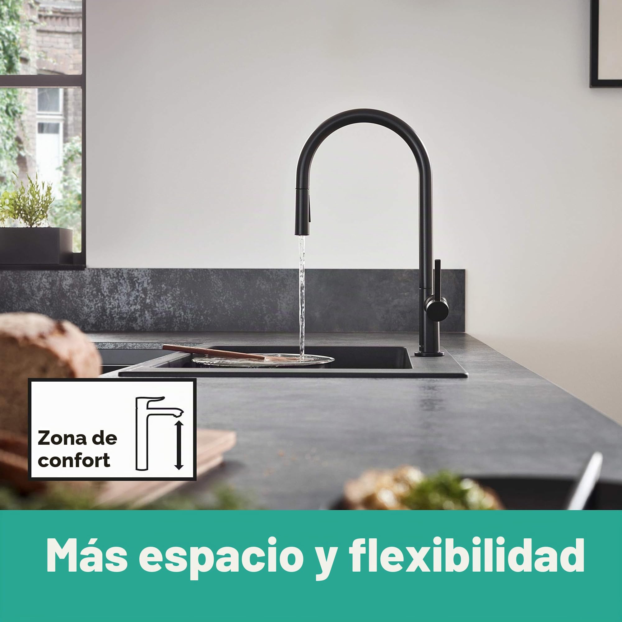 hansgrohe Talis M54 - grifo de cocina con ducha extraíble, 2 tipos de chorro, altura del caño 210 mm, grifo cocina fregadero con caño giratorio, negro mate, 72800670