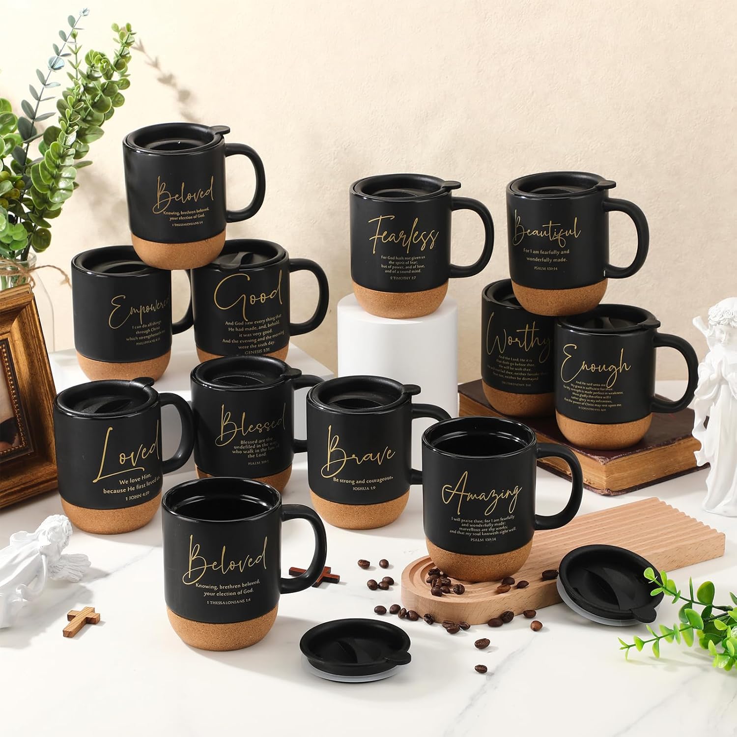 12 Pcs Christian Easter Gifts Mug Bulk 13.5 oz Inspirational Bible Verses Cup Ceramic Religious Coffee Mug with Cork Bottom Thank You Gift for Men Employee Teacher (Trendy)