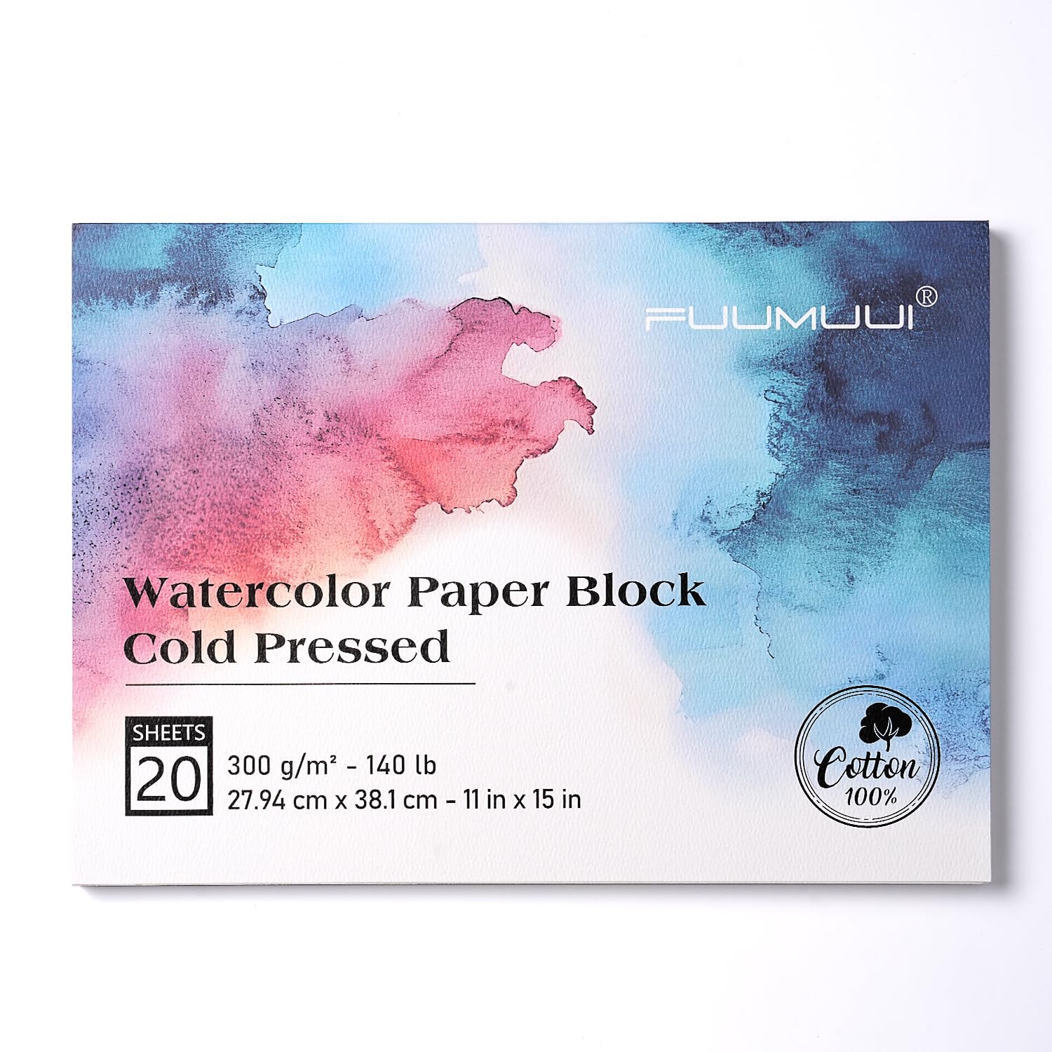 Fuumuui Watercolor Paper Block 11x15 Inch, 100% Cotton, 20 Sheets, Cold Pressed, 300gsm/140lb, Acid-Free, All-Purpose Block for Watercolor & Gouache