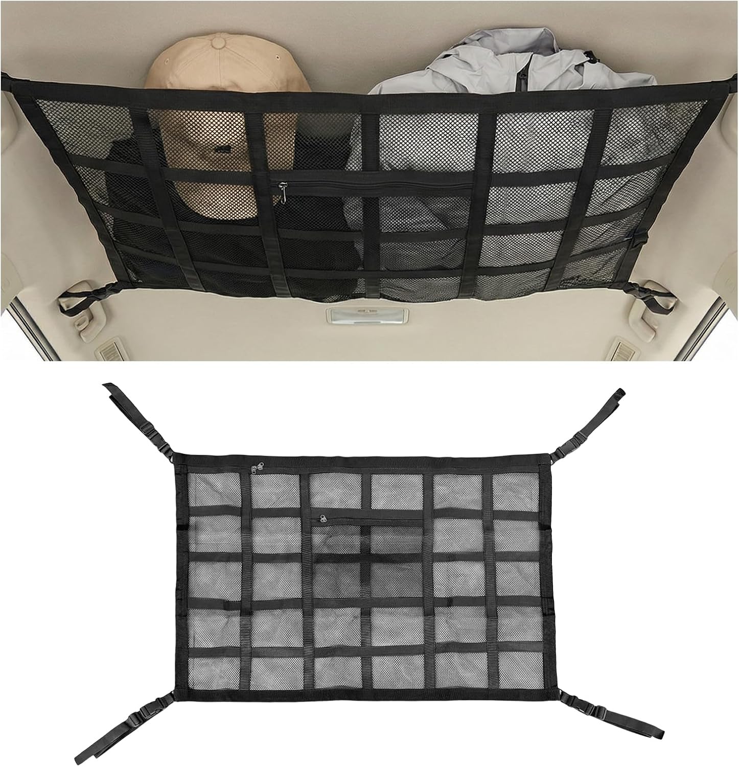 Car Ceiling Cargo Net Pocket, 35.4×25.2 Inch Double-Layer Car Roof Mesh Storage Organizer, Strengthen Load Bearing Overhead Cargo Storage Net for 4-Handle Vehicles