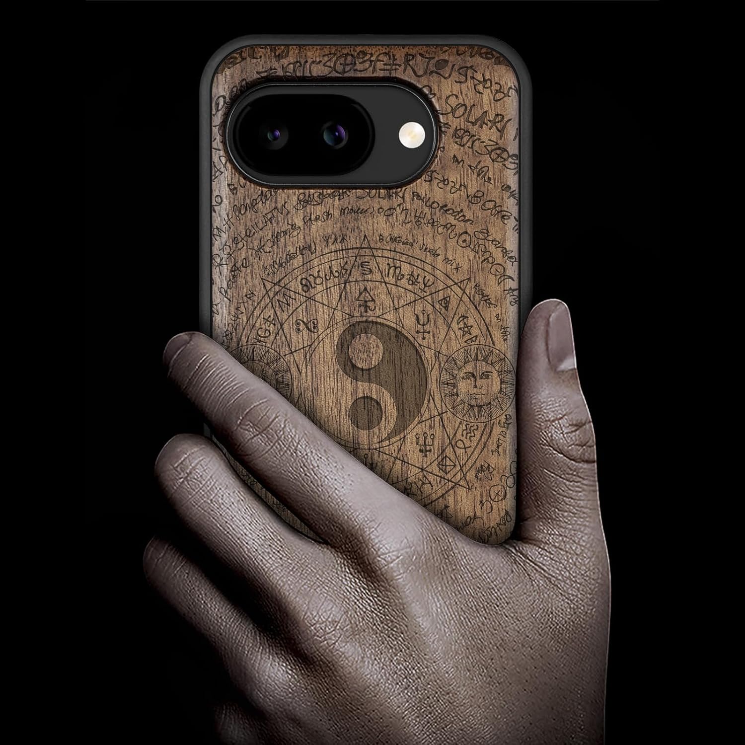 Carveit Magnetic Wooden Case for Google Pixel 10a Case, Wood Artisan Engraved & Soft TPU Shockproof Cover, Compatible with MagSafe Wireless Chargers (Yin Yang and Octagonal Star) Walnut