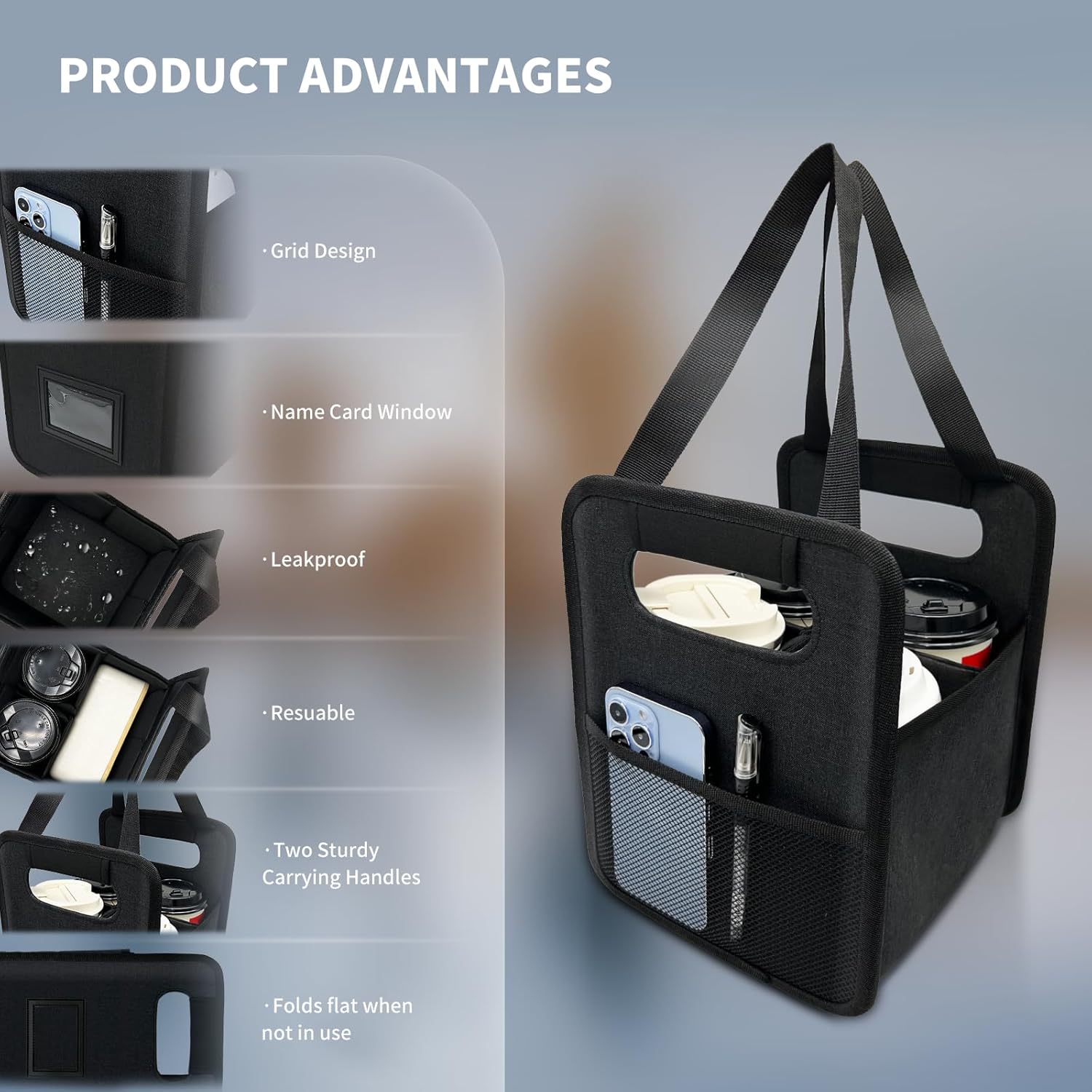 Reusable 4 Cup Drink Carrier with Handle and Adjustable Dividers, Insulated Caddy for Take Out, Foldable Coffee Cup Holder for Hot & Cold Drinks (Black) - Image 3