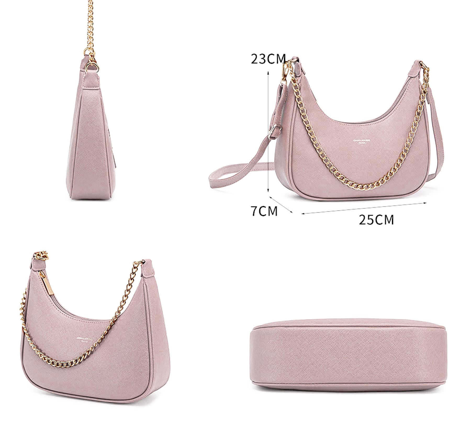 David Jones - Petit Sac Porté Epaule Forme Banane Femme - Sac à Main Hobo Bandoulière Chaînes Simili Cuir PU Rigide Porté Sous Epaule Bras - Besace Sacoche Ville Mode Tendance Elegant - Rose