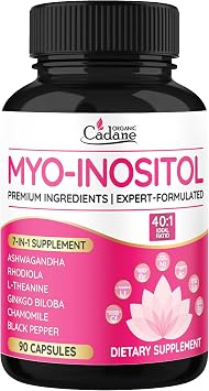 Organic Cadane Myo Inositol & Ashwagandha Capsules with Rhodiola, L-Theanine, Ginkgo Biloba, and More | Supports Body Balance & Digestive | Vegan, Non-GMO - 90 Capsules