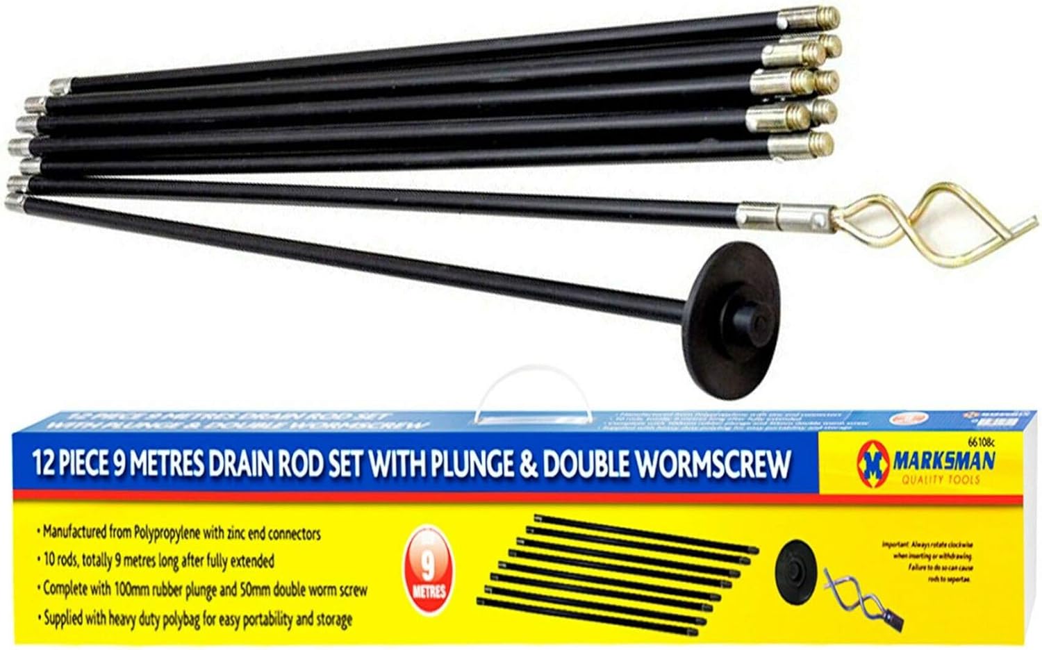 12 x Pcs Marksman Drain RODS Set Professional Heavy Duty Unblock