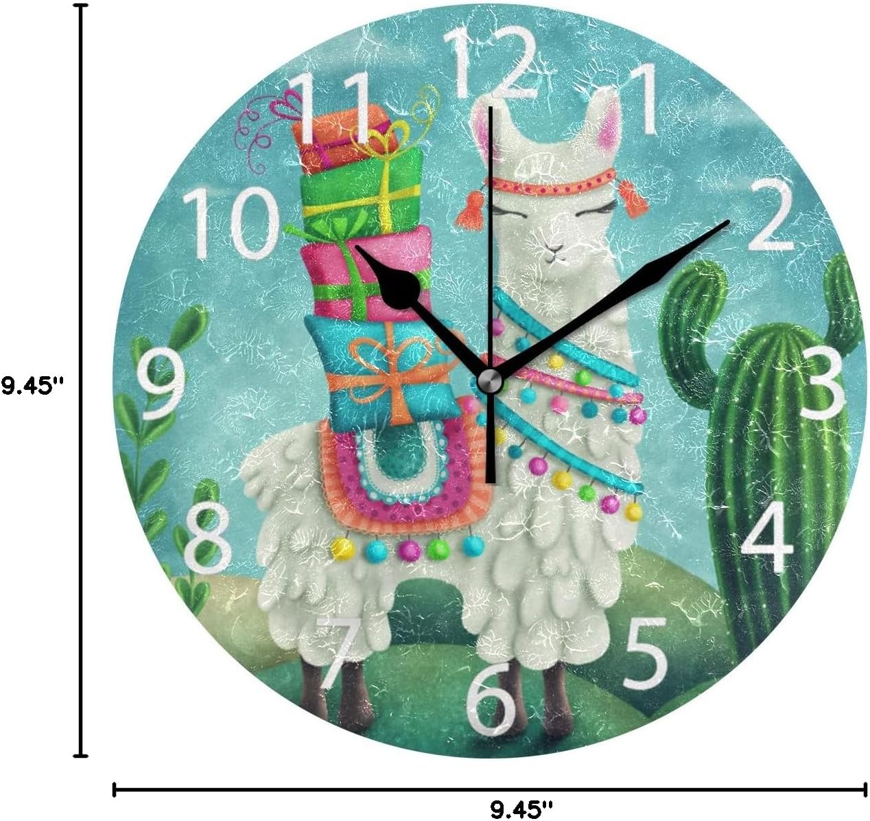 Cute Llama Round Wall Clock, Silent Non Ticking Oil Painting Decorative for Home Office School Clock Art
