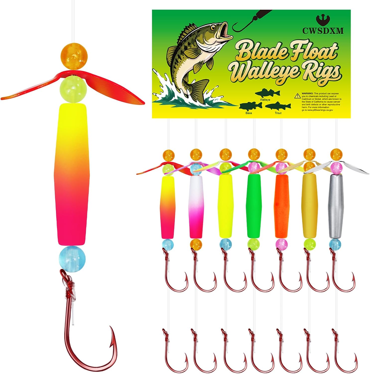 7 Pack Crawler Harness Walleye Rigs with Dual-Wing Blade, 41.5LB 39.4in Float Walleye Spinner Rig, 2-Hook Pre-Tied Worm Harness for Slow Trolling, Bass Trout Fishing