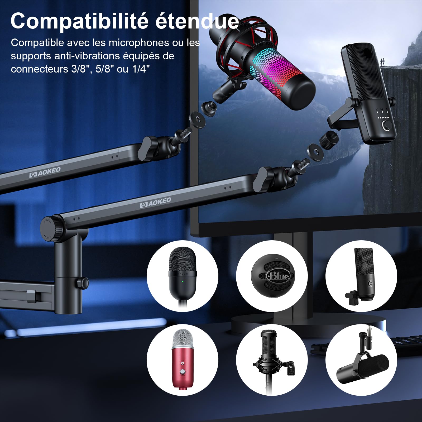 Bras Micro,Aokeo AK-58 Support Articulé de Bureau à Profil Bas pour Blue Yeti,Snowball iCE,HyperX QuadCast/SoloCast,Elgato Wave,etc