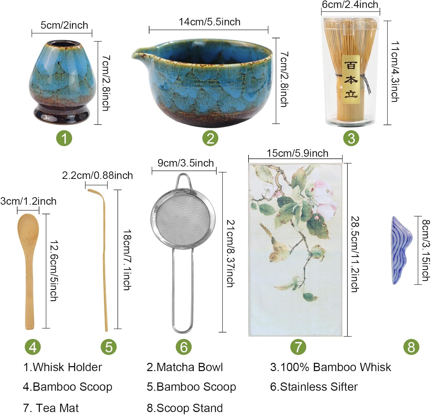 HEYMKGO Matcha Whisk Set 8 Pcs, Sapphire Blue Matcha Bowl with Spout, Bamboo Whisk & Holder, Scoop, Scoop Rest, Sifter, Bamboo Spoon & Tea Towel - Traditional Japanese Matcha Tea Ceremony Kit