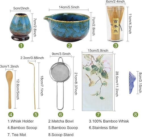 Miniatura 8 de HEYMKGO Juego de 8 batidores de matcha, cuenco de matcha azul zafiro con boquilla, batidor y soporte de bambú, cuchara, reposapunta, tamiz, cuchara