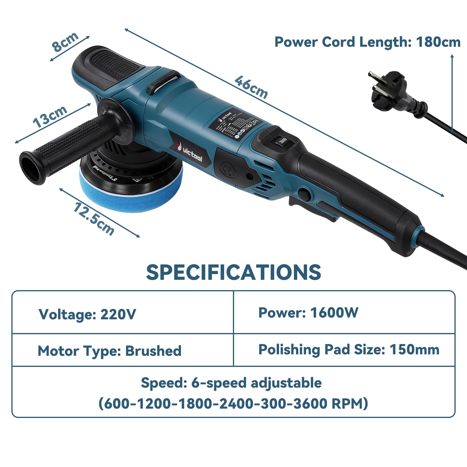 Pulidora con motor de cepillo de 1500 W, seis velocidades precisas y cinco discos de pulido, apto para pulir, reparar y sellar. Manejo estable gracias a sus dos asas.