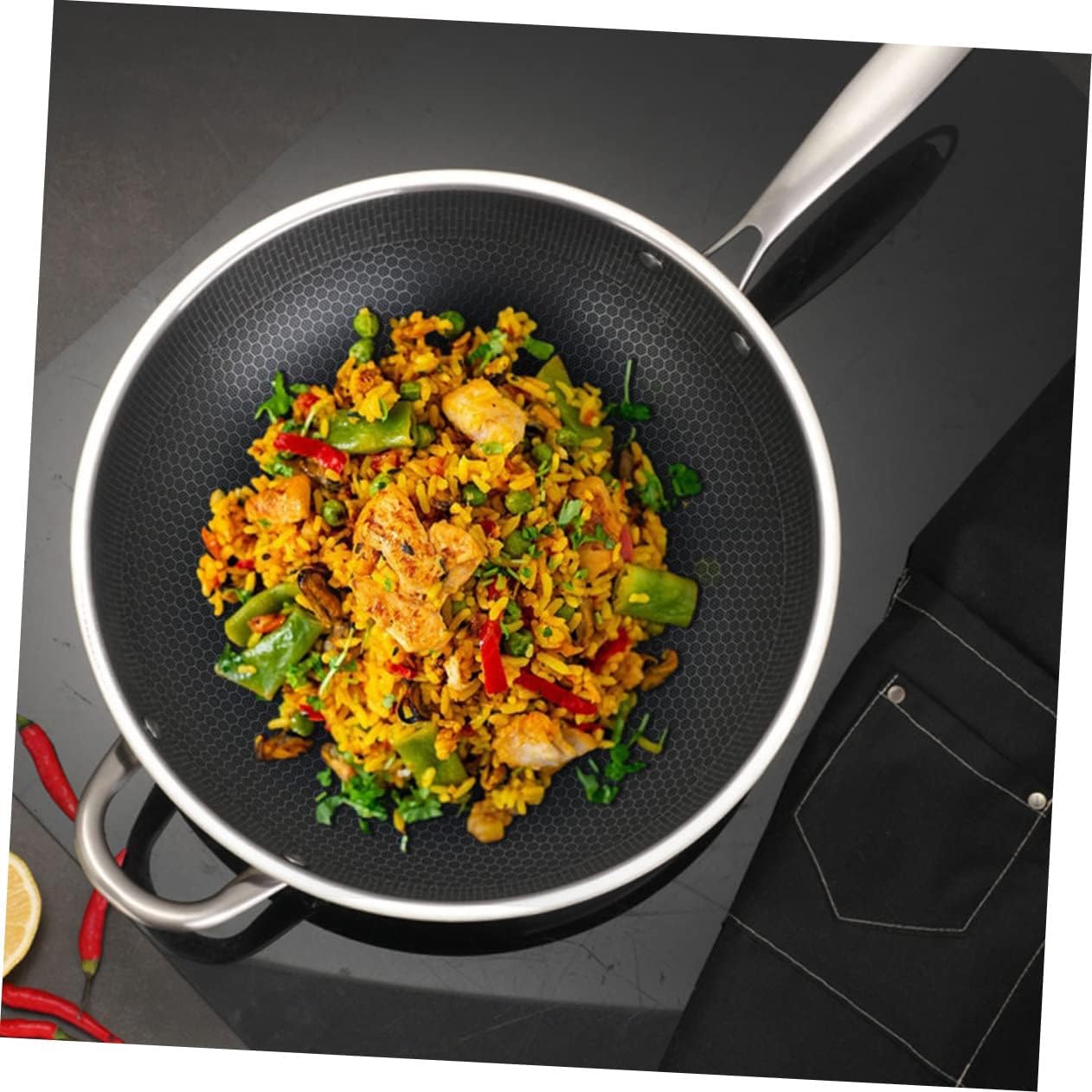 Alipis Stainless Steel Honeycomb Wok for Induction Cookers Nonstick Frying Pan Dual Handles Scratch Resistant and Even Heat Distribution for Gas and Electric Stoves