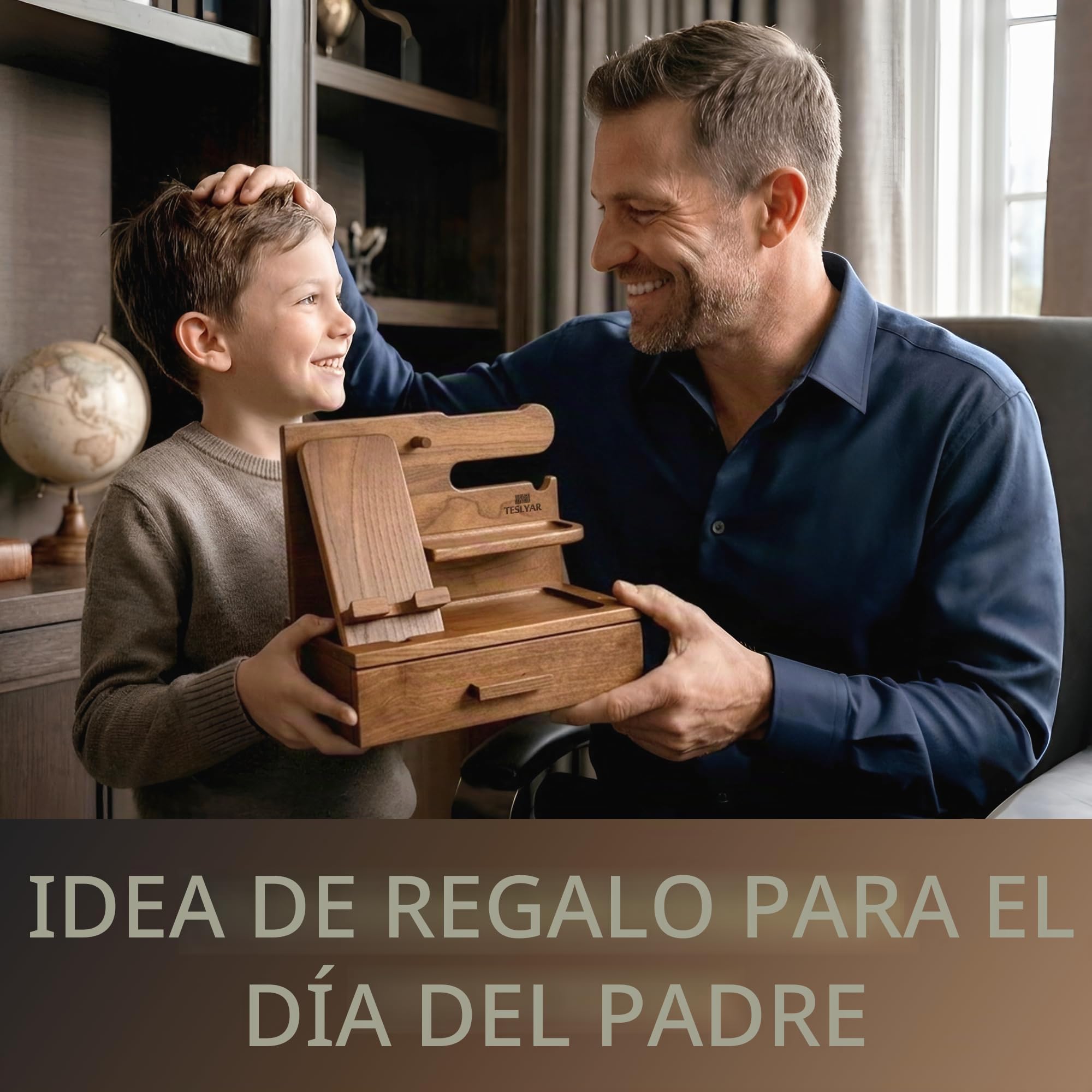 TESLYAR Estación de Acoplamiento de Madera para Teléfono con Cajón Organizador de Escritorio para Marido Regalos de Cumpleaños para Hombres Papá Regalo Padre Dia del Padre Regalos