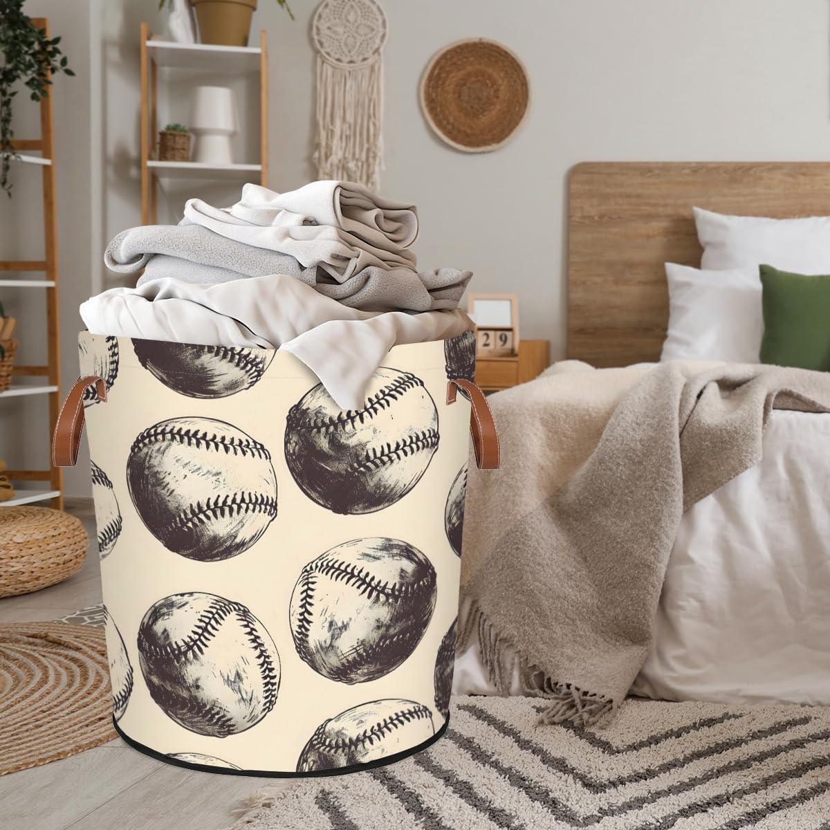 Vintage BaseBall Laundry Basket Collapsible Laundry Hamper with Handles Ball Sport Clothes Storage Bin for Bathroom, Bedroom, Living Room