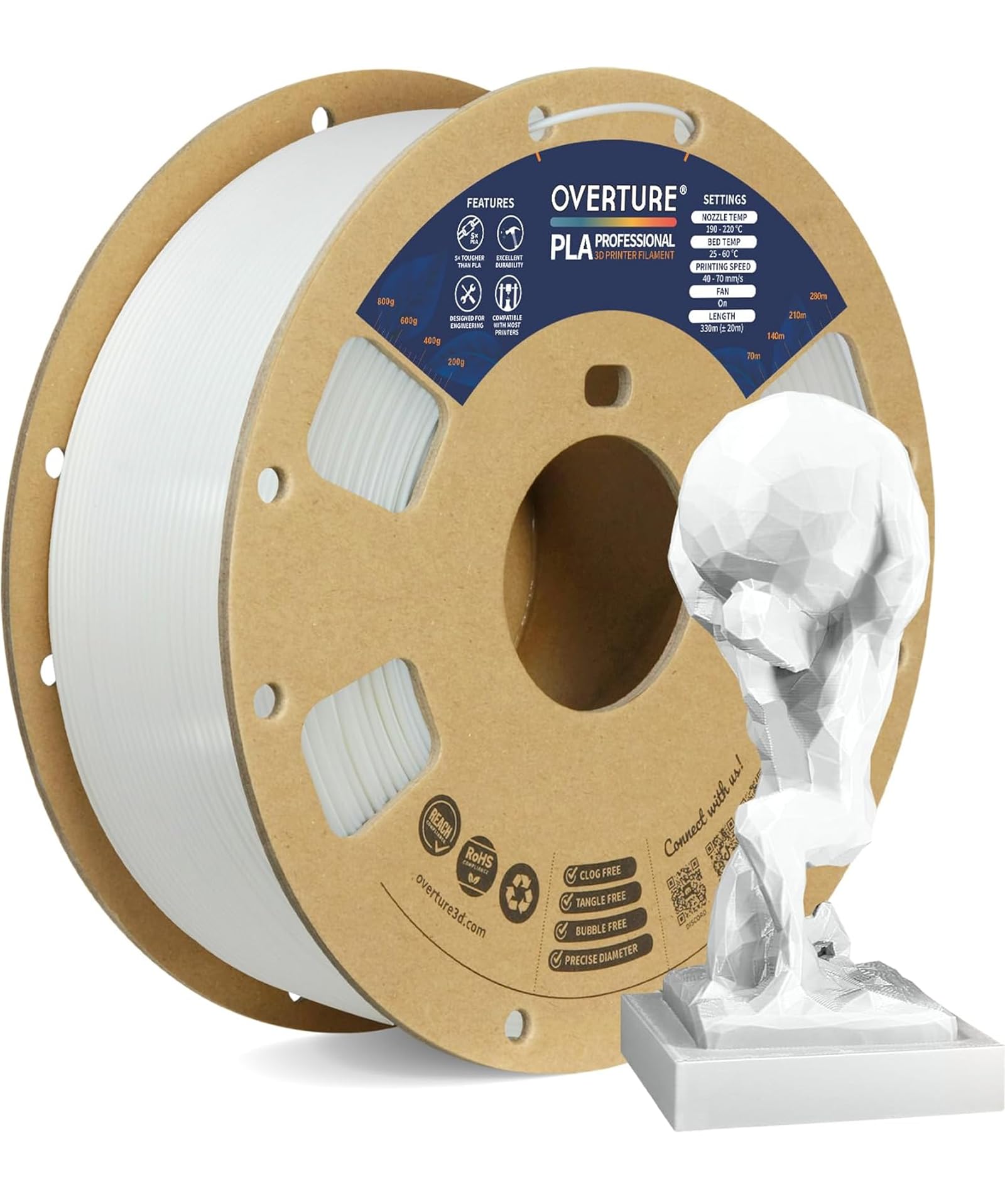 OVERTURE PLA Plus (PLA+) Filament 1.75mm, Stronger & More Durable, Professional Toughness 3D Printer Filament 1kg (2.2lbs), High Precision +/- 0.02mm, Tangle-Free (White)