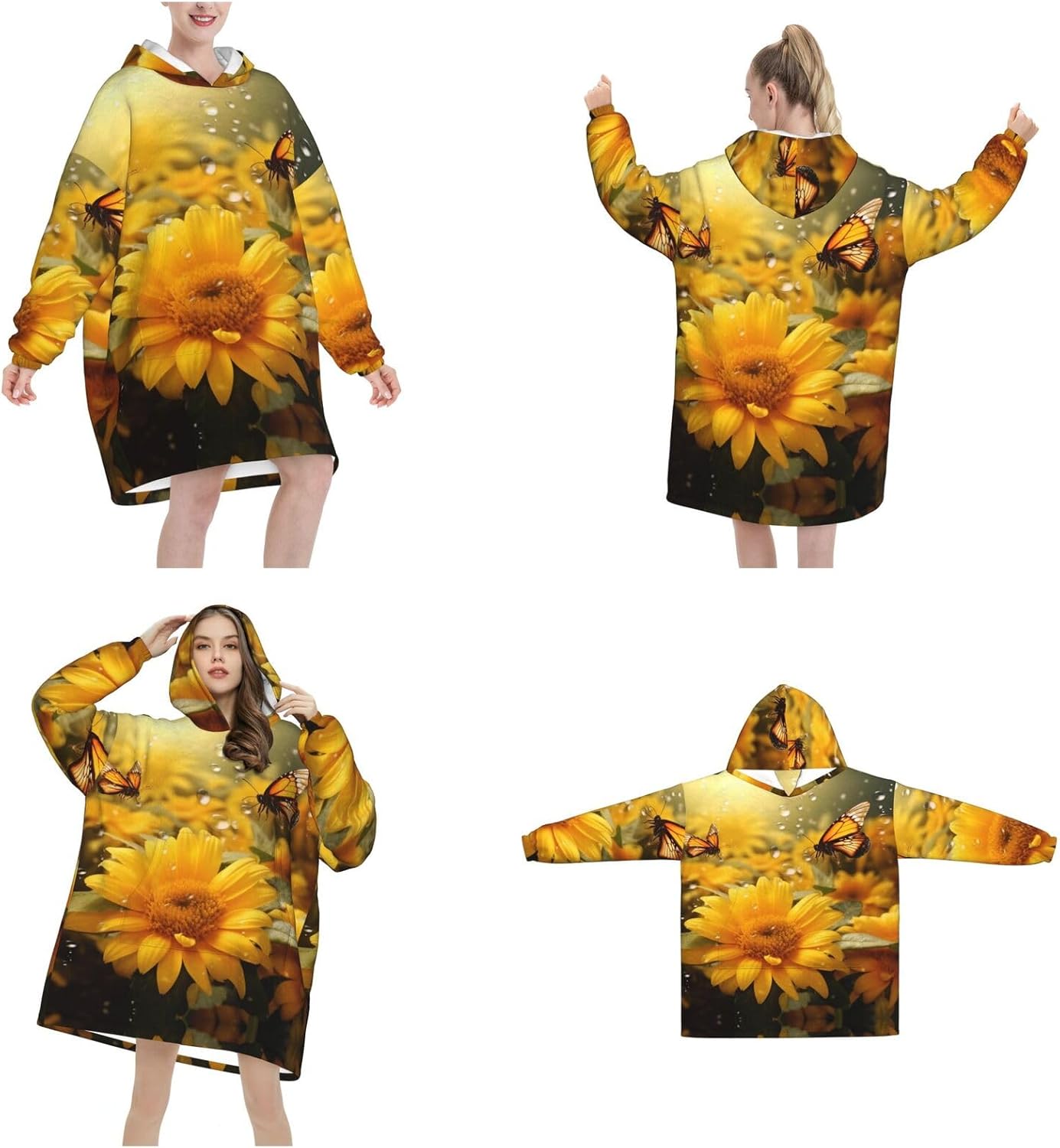 Yellow Sunflowers And Butterfly Print Blanket Hoodie Fleece Sweatshirt Blanket With Sleeves And Pockets