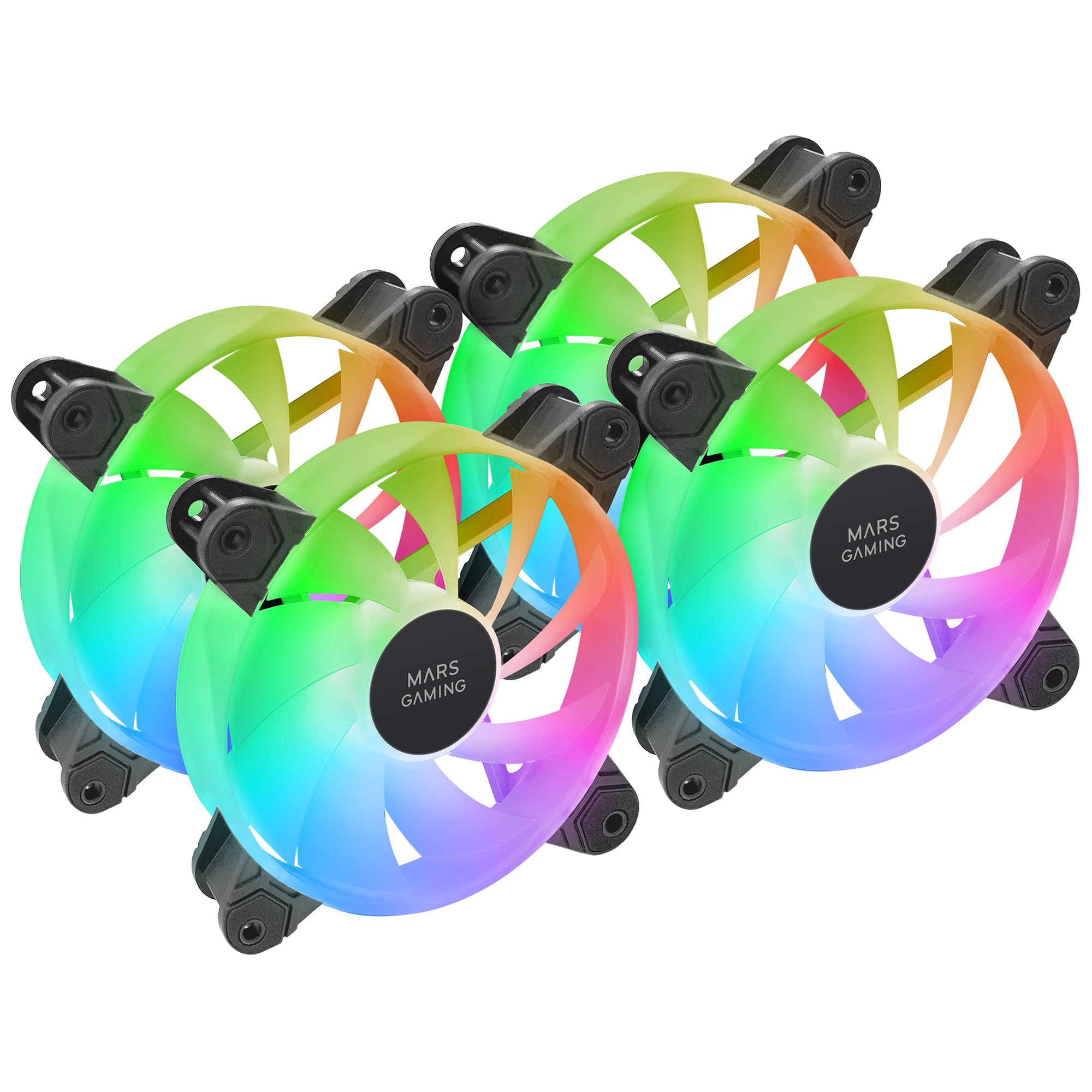 Mars Gaming MF-4A, Kit 4x 120mm ARGB Fans, 360° Illumination Frameless, RGB Addressable 5V 3Pin, Customizable Rainbow Effect, Ultra-Quiet FDB Bearings, Double Connector, Black
