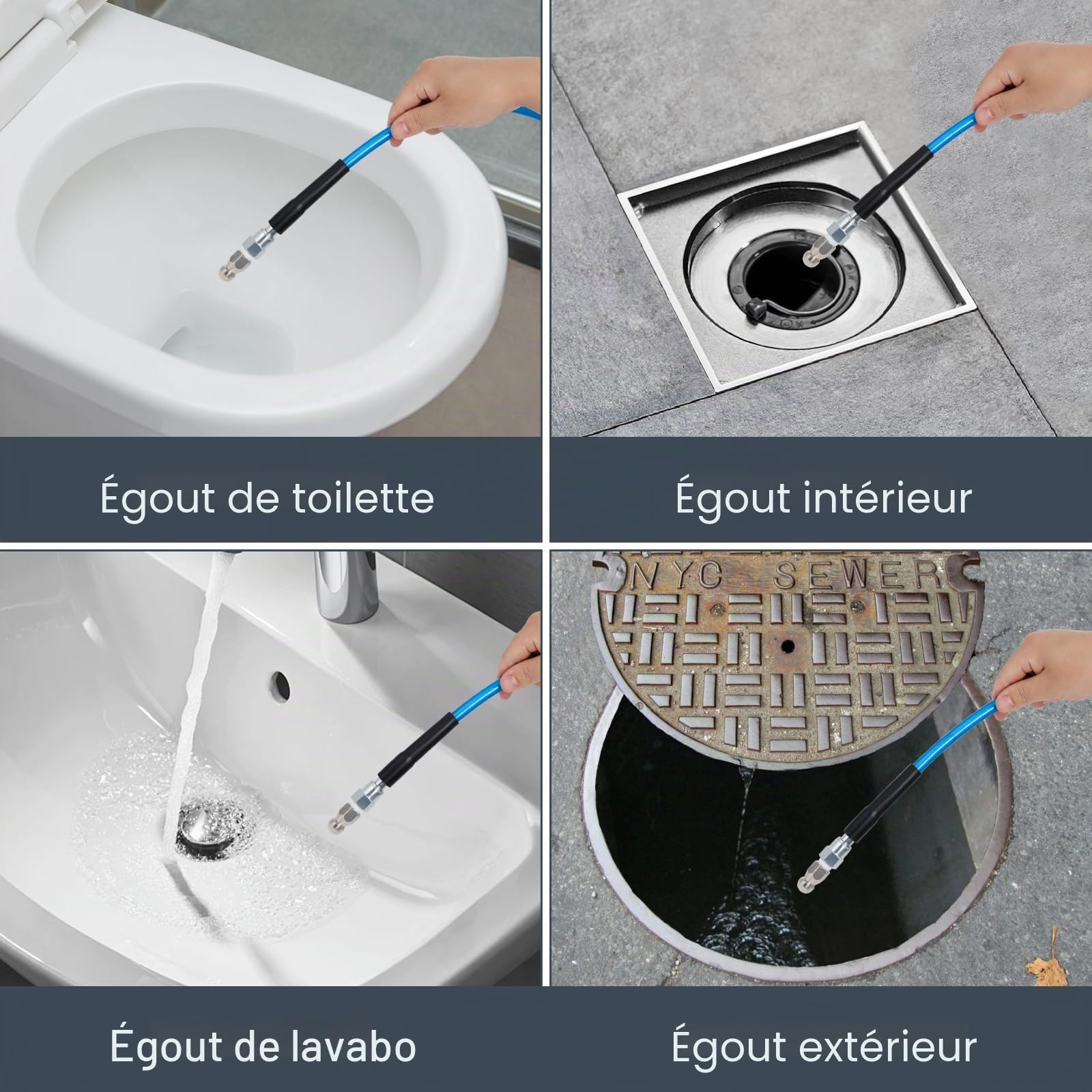 Tuyau de nettoyage de canalisations 30 m - Kit de nettoyage pour Kärcher K2-K7, nettoyeur haute pression Bosch - 5800 PSI - Jet d'eau - Tuyau de débouchage (bleu)