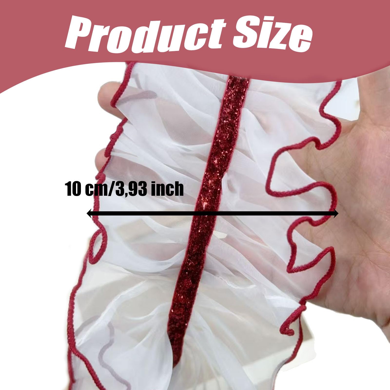 5 Yards 10cm Spitzenband Gerafftes Rüschen, Organza Rüschen Plissee Borte, Spitzenborte Weiß Zum Nähe, Mit Rot Ränder, Glitzer, Spitzenbesatz, für DIY Kleidung Hochzeit Scrapbooking