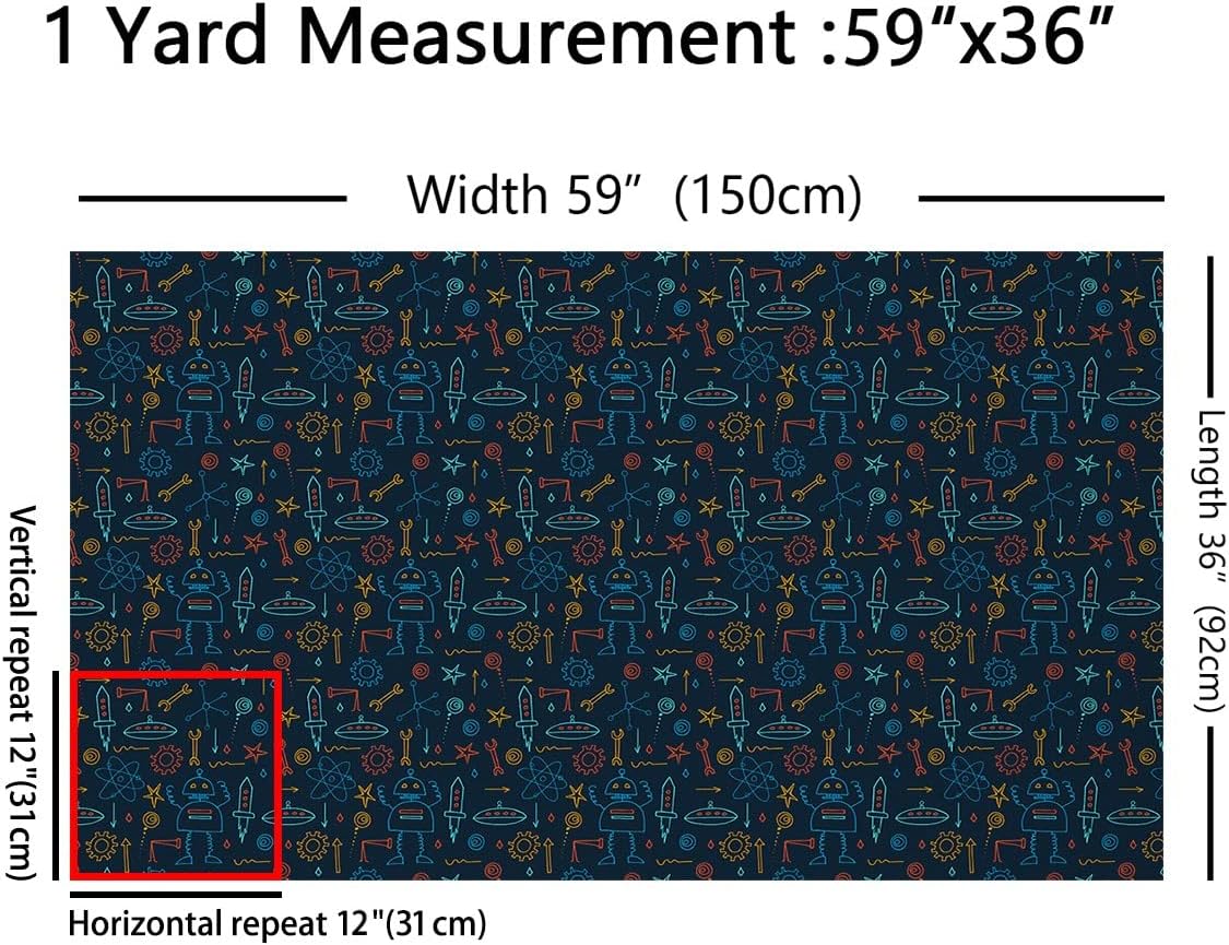 Cartoon Robot Fabric by The Yard, Rocket Decorative Fabric for Quilting Sewing Clothing, Gear Machine Science Upholstery Fabric for Chairs, DIY Projects Craft Patchwork 3 Yards, Blue Orange