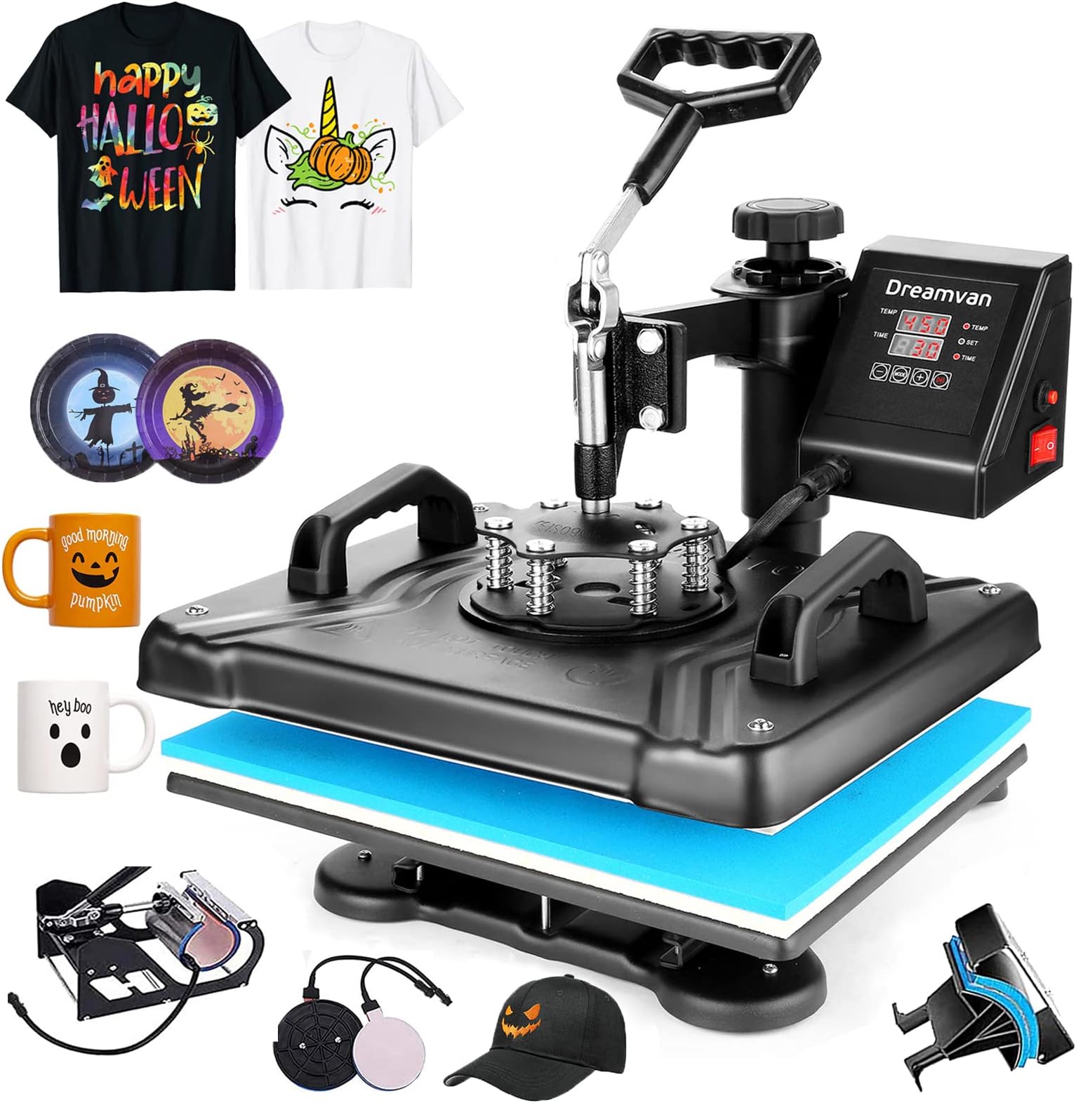 Heat Press 5 in 1 Tshirt Press Machine 12"x15" Pro Digital Sublimation Heat Transfer Presser 360° Swing Away Shirt Printing Machine for T-Shirts Mug Hat/Cap Plate (Blue, 5 in 1 Heat Press)