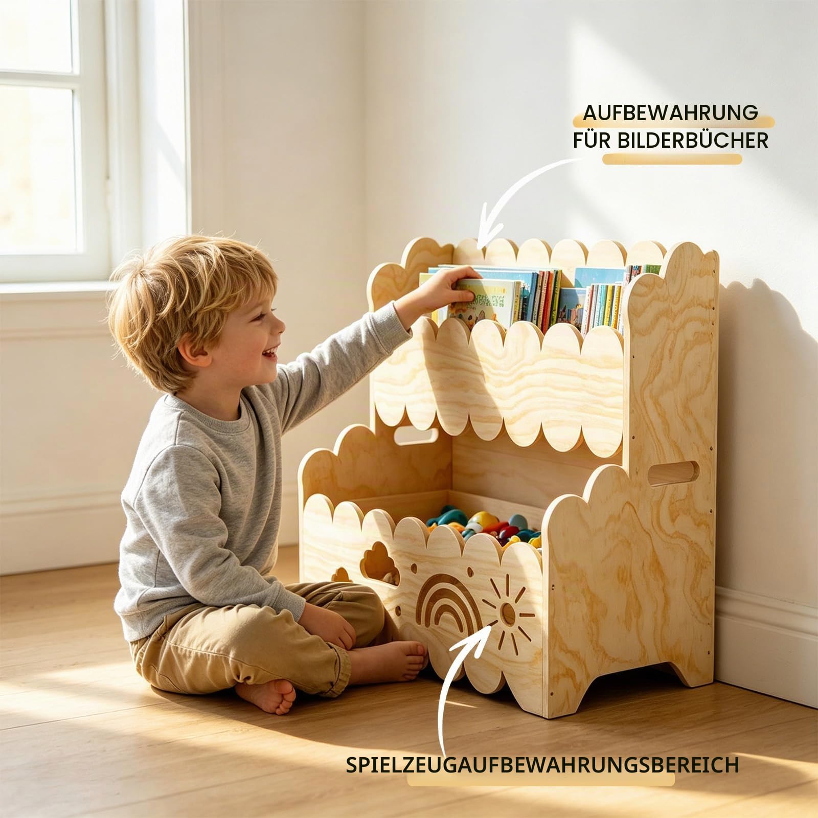 Kinder Bücherregal Holz, 2-Stöckiges Kinderbücherregal Montessori-Bücherregal Bücherkiste Kinder Wolkenmuster Spielzeug Organizer Regal für Kinderzimmer, Kindergarten